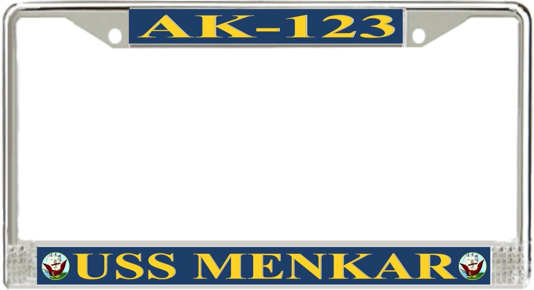 USS Menkar AK-123 Military Ship License Plate Frame - Durable Metal Car Accessory for Navy Veterans & Patriotic Drivers - Perfect for Trucks, Cars & Motorcycles