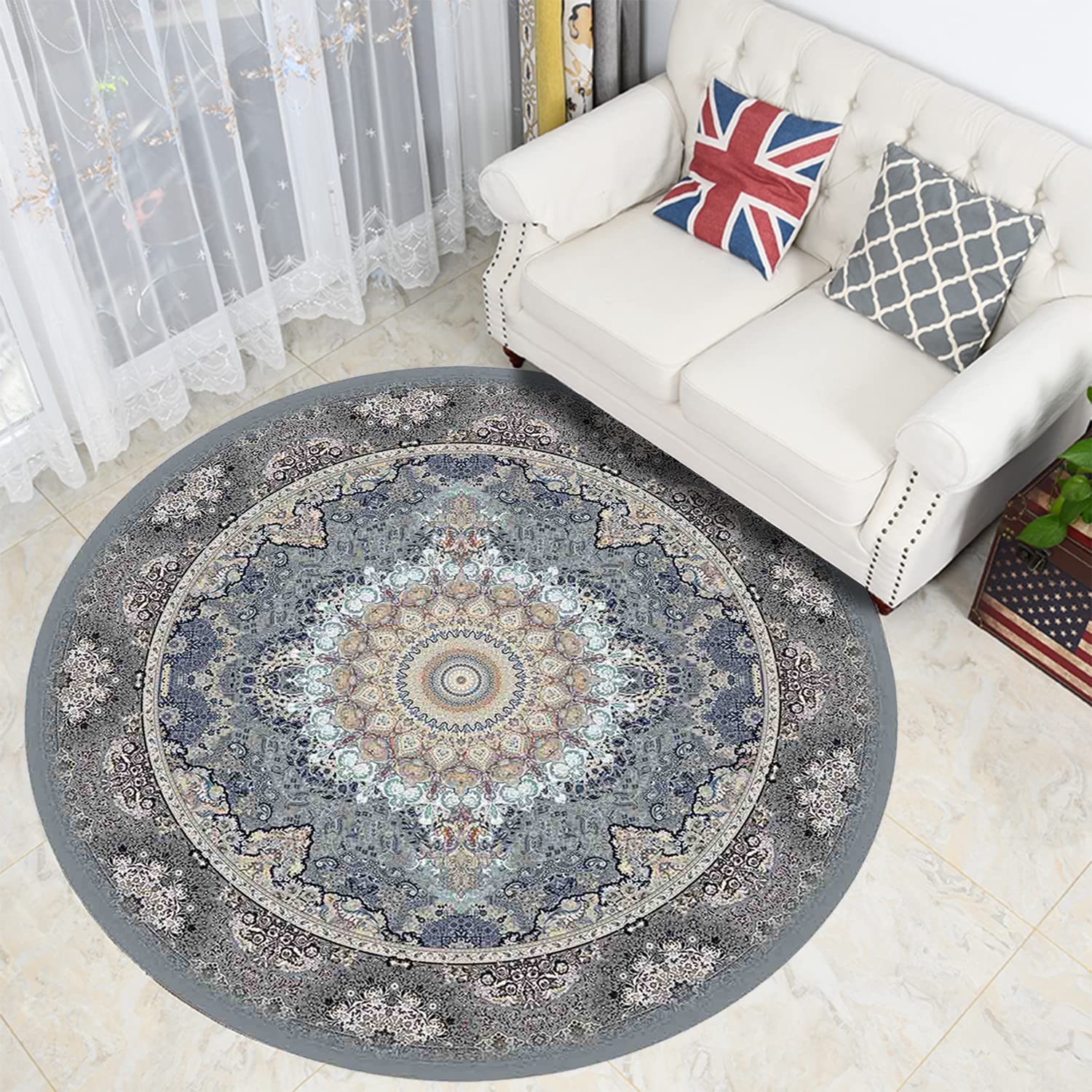 2.6 Ft Round Non-Slip Boho Area Rug - Washable Living Room Rug for Bedroom, Entryway & Indoor Spaces - Perfect for Home Decor, Yoga Space and Cozy Reading Nook