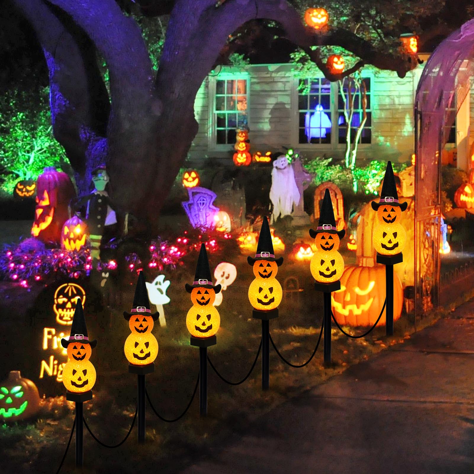Solar Halloween Pathway Lights 3 Pack - Waterproof Outdoor Halloween Decorations with Solar Pumpkin Stake Lights for Walkway, Yard, Garden - Perfect for Halloween Party, Trick or Treat, Spooky Night Decor
