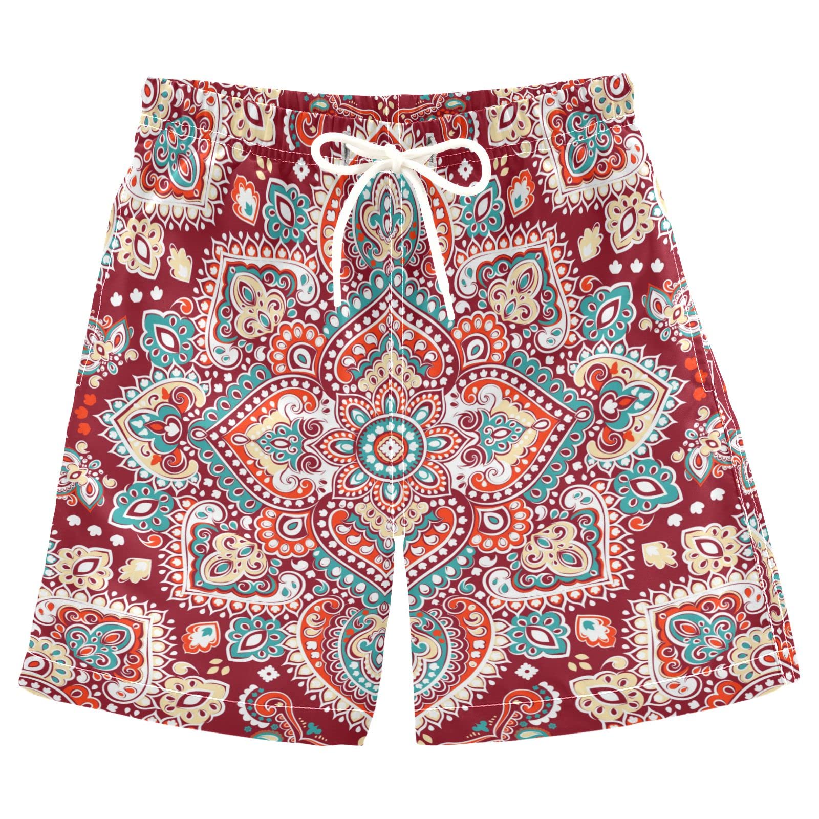 Boho Mandala Boys Swim Trunks with Pockets - Quick Dry Toddler Swim Shorts for Beach & Pool - Comfortable Board Shorts for Kids Ages 8-14 Years - Perfect for Summer Vacation, Water Play & Outdoor Activities