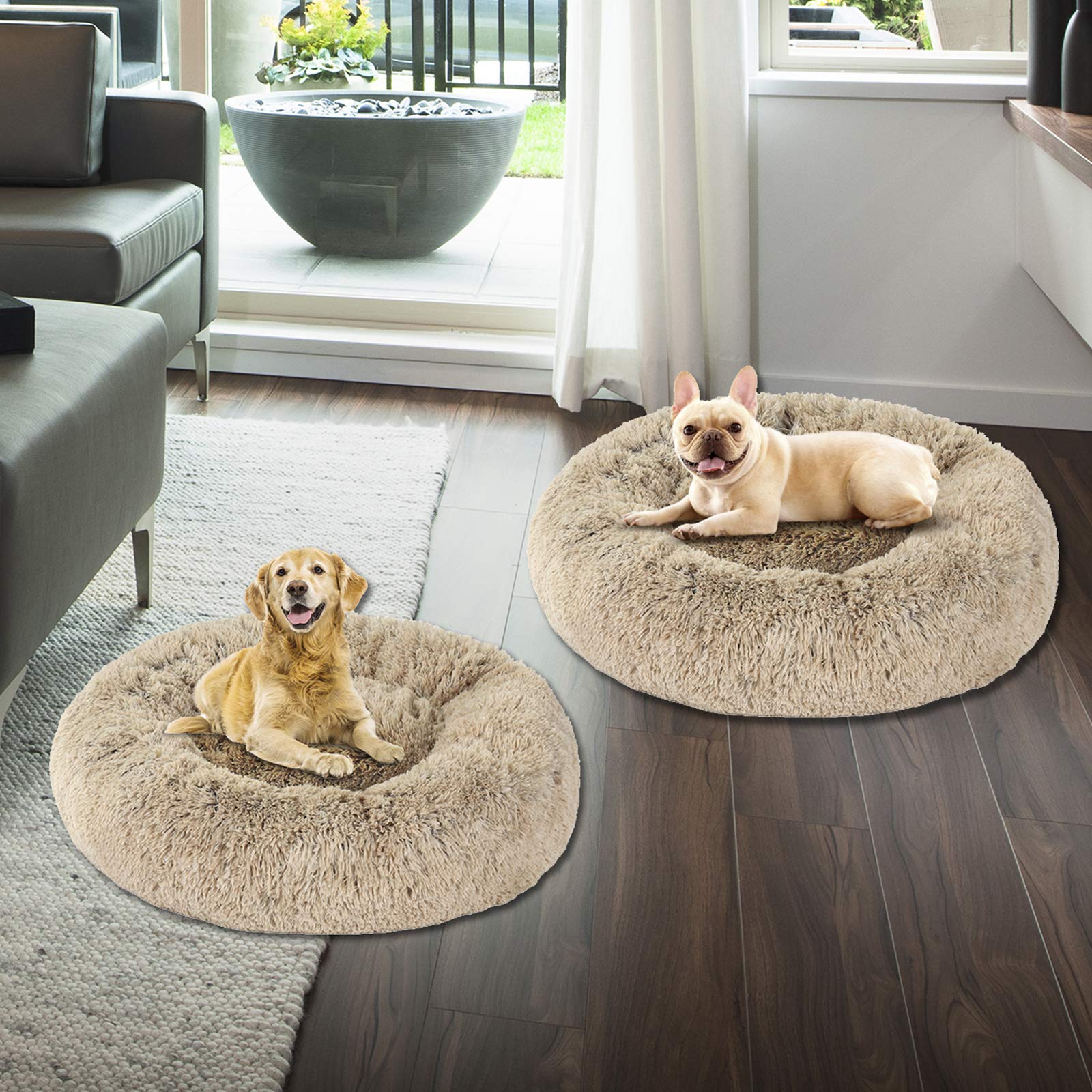 **Premium Long Plush Calming Dog Bed - Round Washable Self-Warming Pet Bed for Cats & Dogs - Soft & Cozy for Warm Sleeping (70