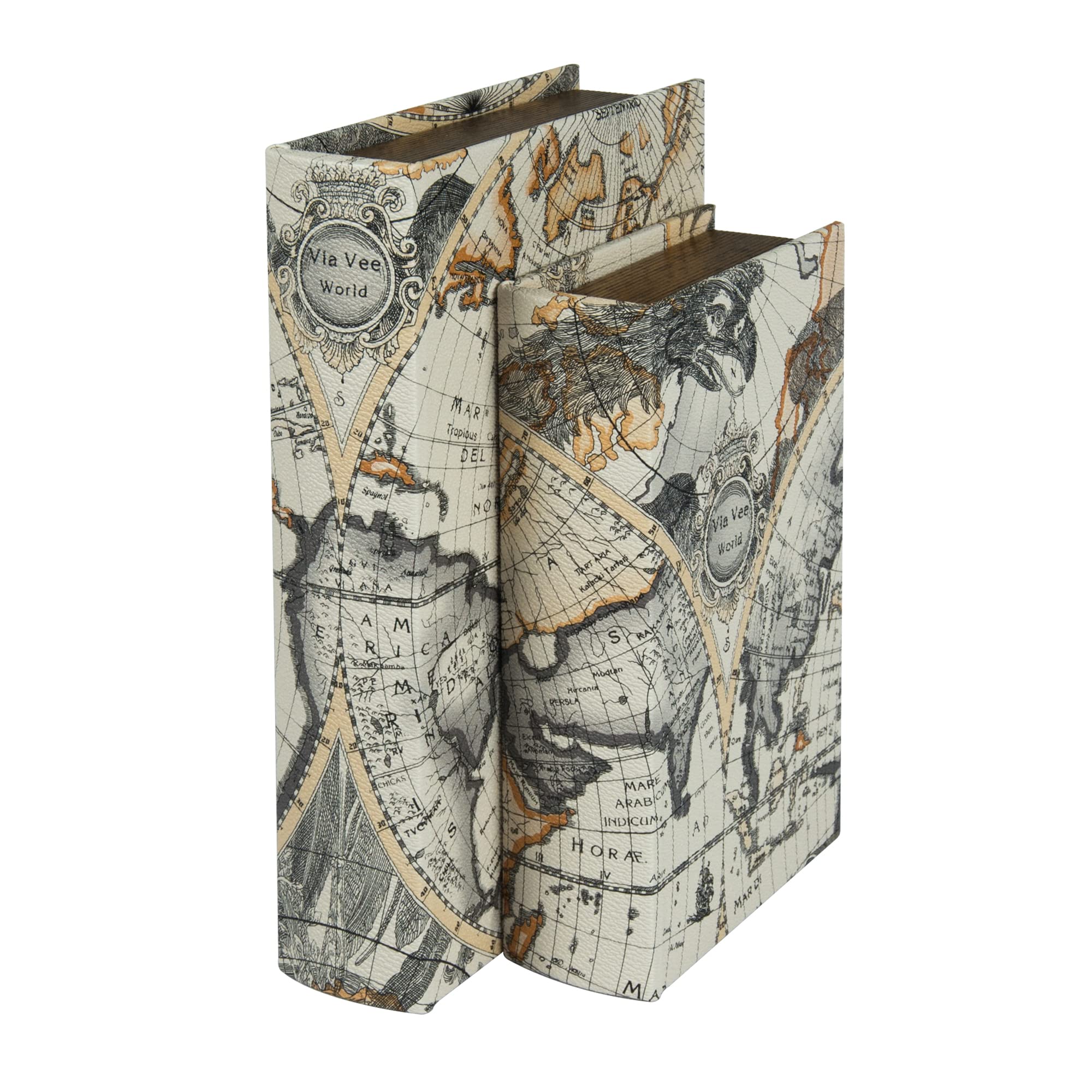 Faux Book Storage Box Set of 2 - World Map Pattern for Home & Bookshelf Decor | Coffee Table Display