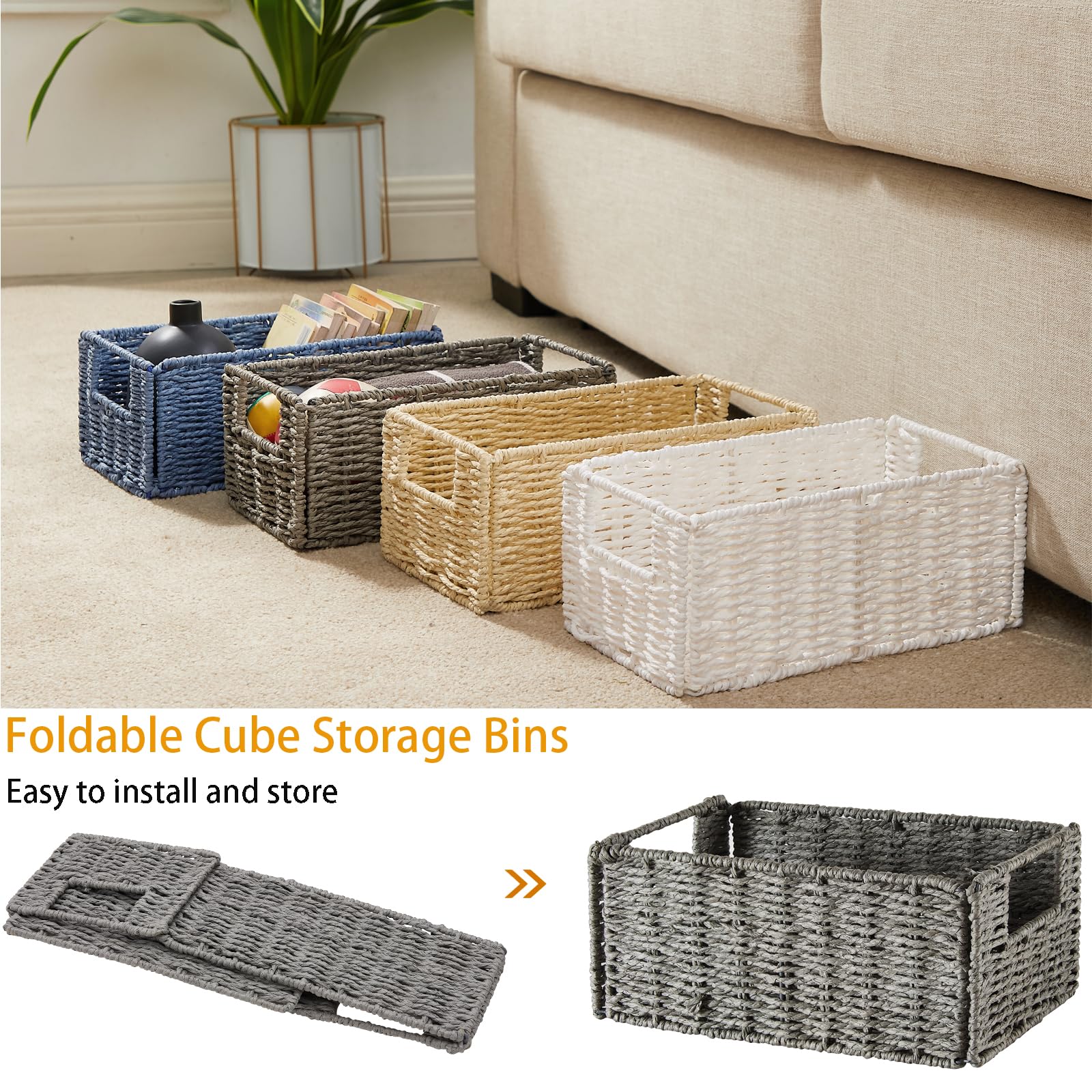 Vagusicc Wicker Storage Basket Set - 5 Handwoven Organizing Baskets for Home Decor, Pantry & Shelf Storage | Grey Woven Storage Cubes for Bedroom, Bathroom & Living Room Organization