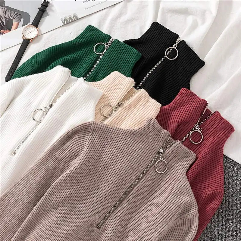 Vintage Solid Knitted Long Sleeve Zip-Up Half Turtleneck Sweater for Women - Cozy Winter Pullover for Casual Outfits & Office Wear