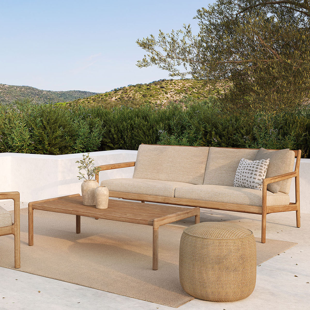 Premium Outdoor Fabric 3-Seater Sofa in Natural Teak - Weather-Resistant Patio Furniture for Garden, Poolside & Backyard Relaxation