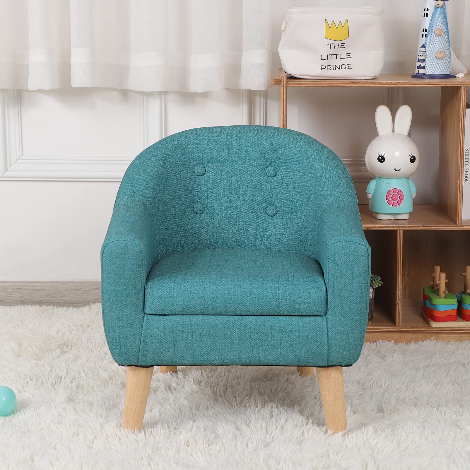 Single PVC Kids Sofa Chair with Wooden Legs - Toddler Armchair for Boys & Girls | Perfect for Playroom, Nursery or Birthday Gift (Blue)