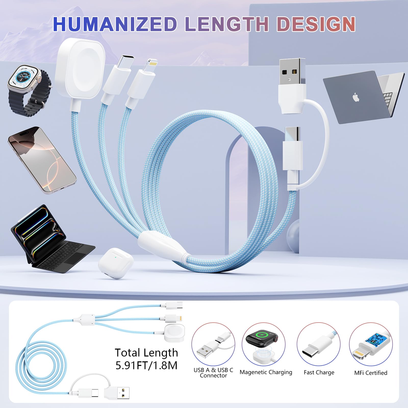 3-in-2 Magnetic Fast Charging Cable for Apple Watch & iPhone - Wireless Multi Charger for iPhone, Android, iWatch Ultra, iPad & AirPods (6FT/1.8M) - Perfect Travel Essential for All Devices