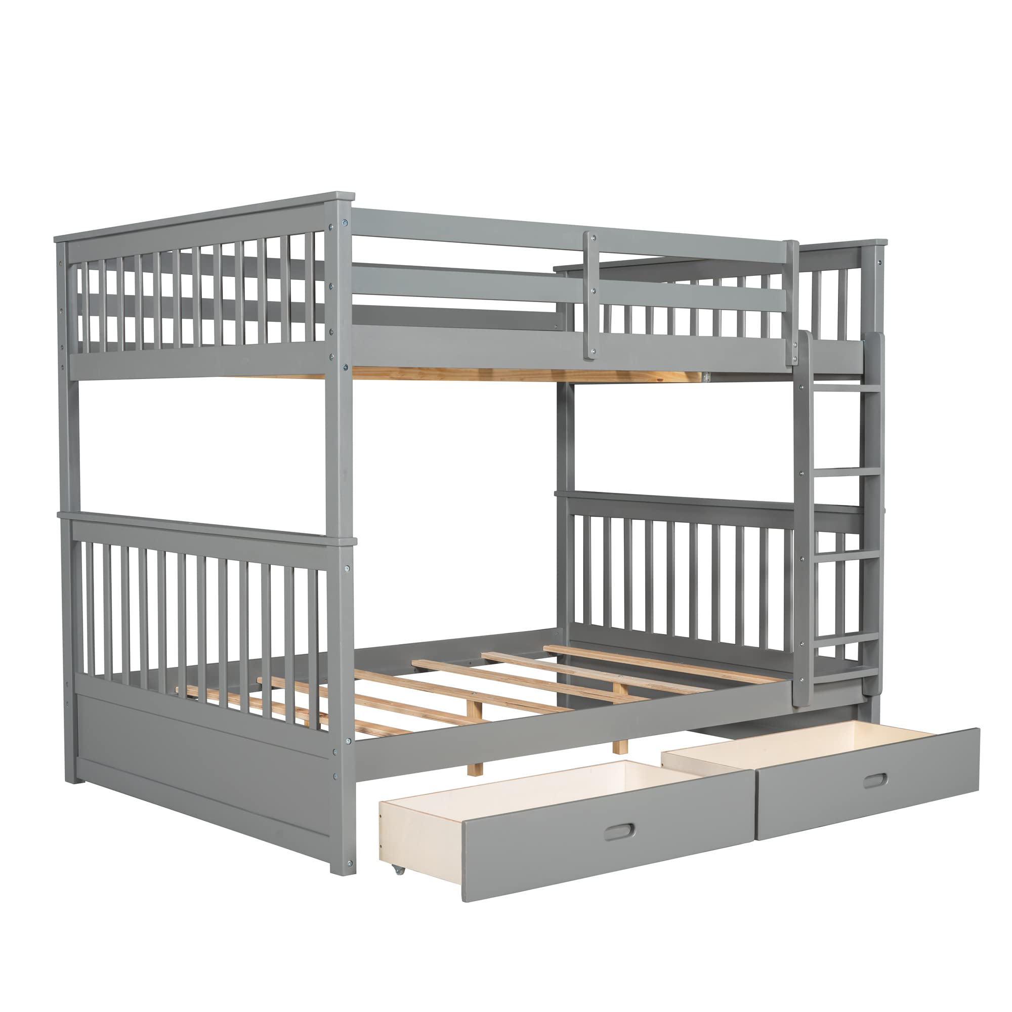P PURLOVE Full Over Full Bunk Bed with 2 Storage Drawers - Convertible Wood Bunk Bed Frame with Ladder - Splits into 2 Twin Beds for Teens, Kids, Boys & Girls - No Box Spring Needed (Gray) - Perfect for Small Bedrooms, Dorms & Shared Kids Rooms