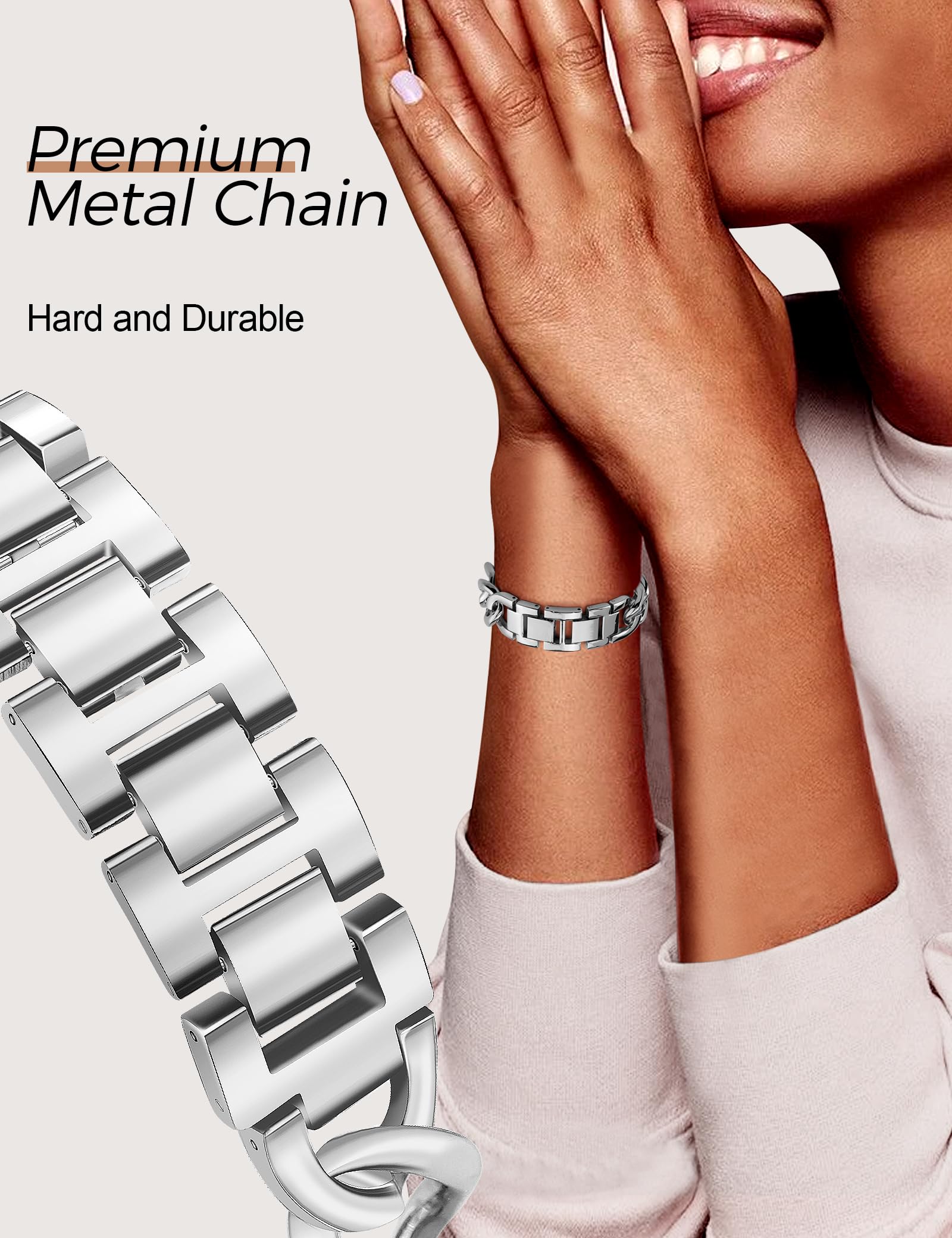 JR.DM Silver Stainless Steel Watch Band for Women - Compatible with Apple Watch 38mm/40mm/41mm/42mm (Series 10/9/8/7/6/5/4/3/2/1/SE) - Adjustable Metal Bracelet with Cowboy Chain Design - Perfect for Work, Gym & Everyday Wear