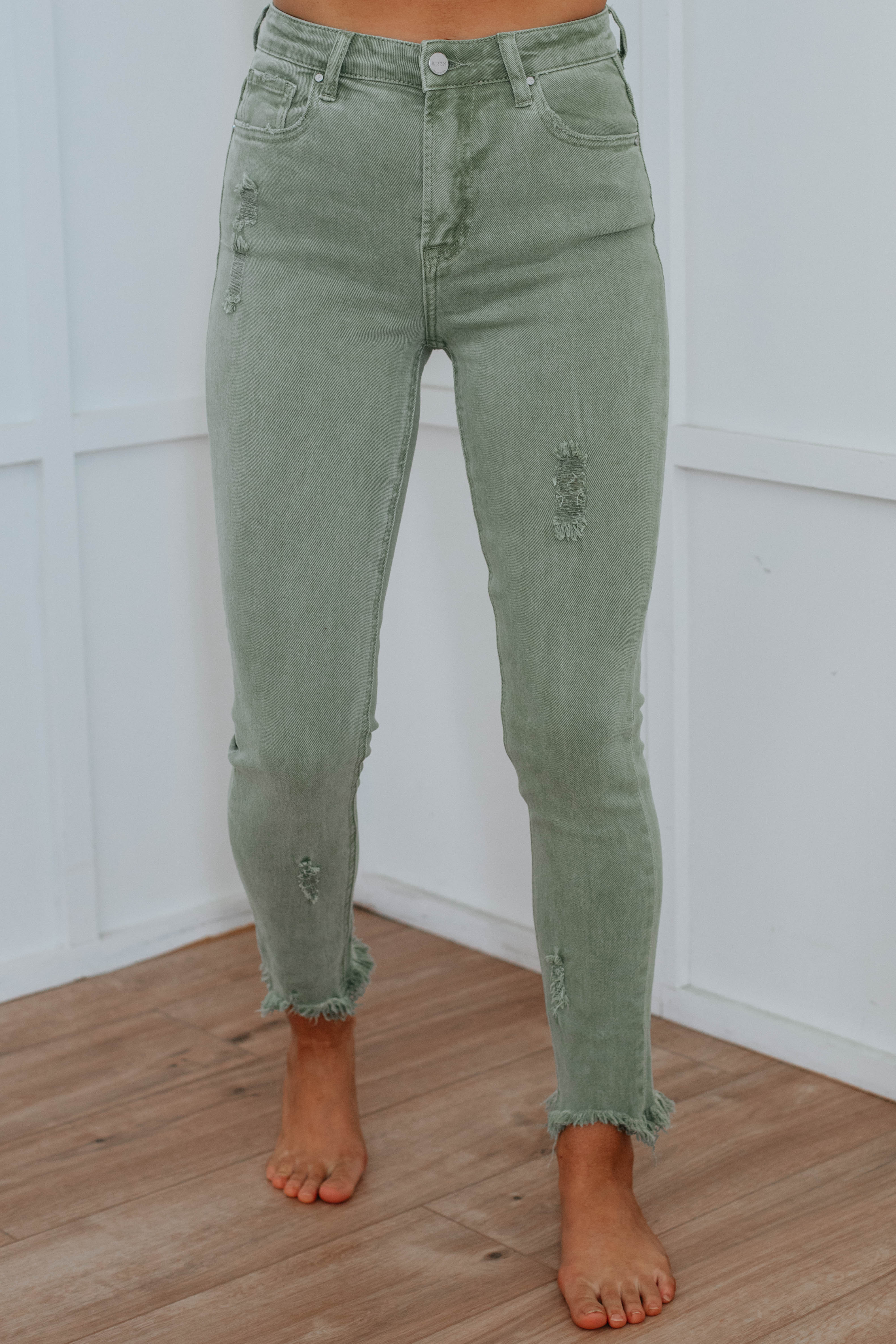 Daisie Risen Women's High Waist Olive Green Stretch Jeans - Comfortable Slim Fit Denim Pants for Casual Wear & Everyday Outfits