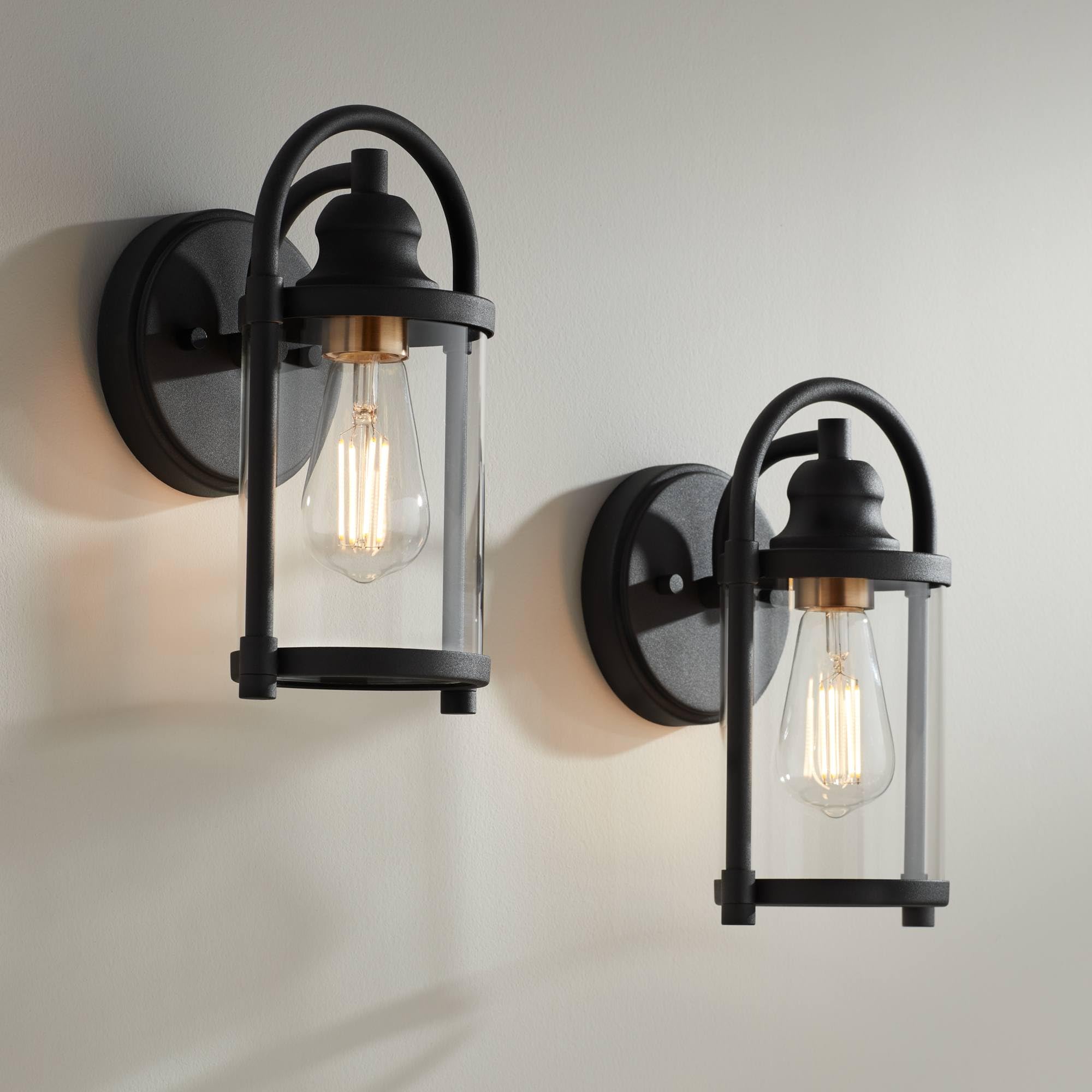John Timberland Avani Modern Industrial Wall Light Sconces - Set of 2, Black Brass Hardwired Fixture with Clear Glass Shade (5.75