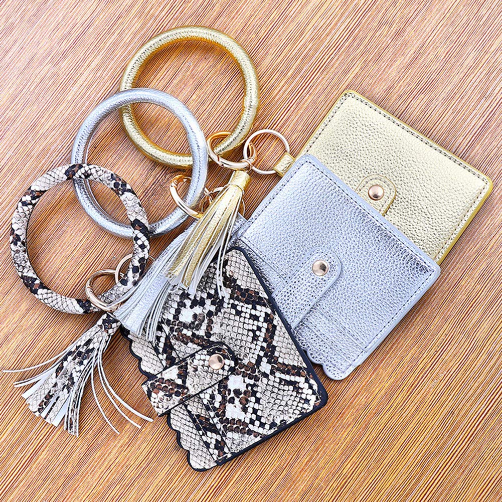 Women's Faux Leather Keychain Bracelet with Tassel - Round Key Ring, Wallet Purse & Card Holder Wristlet - Perfect for Everyday Use, Travel & Gift Giving