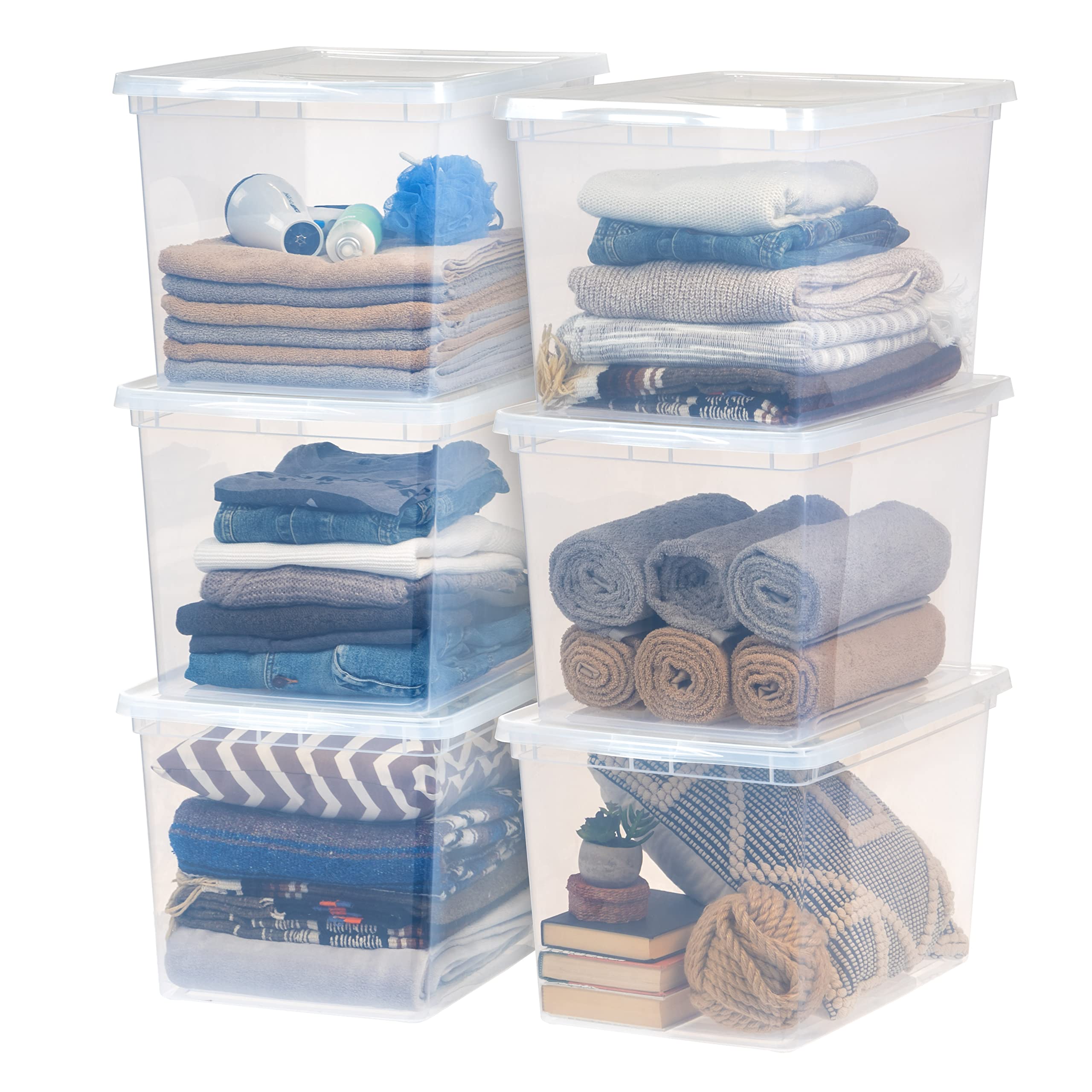 IRIS USA 68 Qt Clear Plastic Storage Bins with Lids - 6 Pack Stackable BPA-Free Organizing Containers for Closet, Clothes, Blankets, Towels | Perfect for Home Organization, Bedroom Storage & Seasonal Items