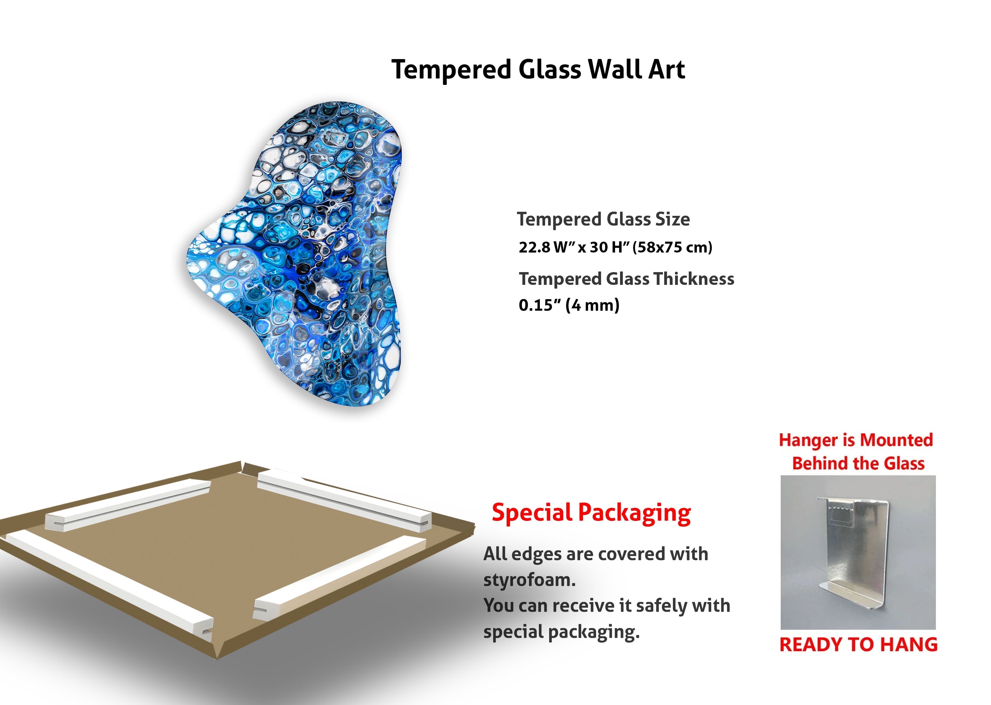 Blue Marbled Asymmetric Glass Wall Art - Handmade Modern Abstract Decor for Living Room, Bedroom & Office - Unique Home Decoration Gift Idea