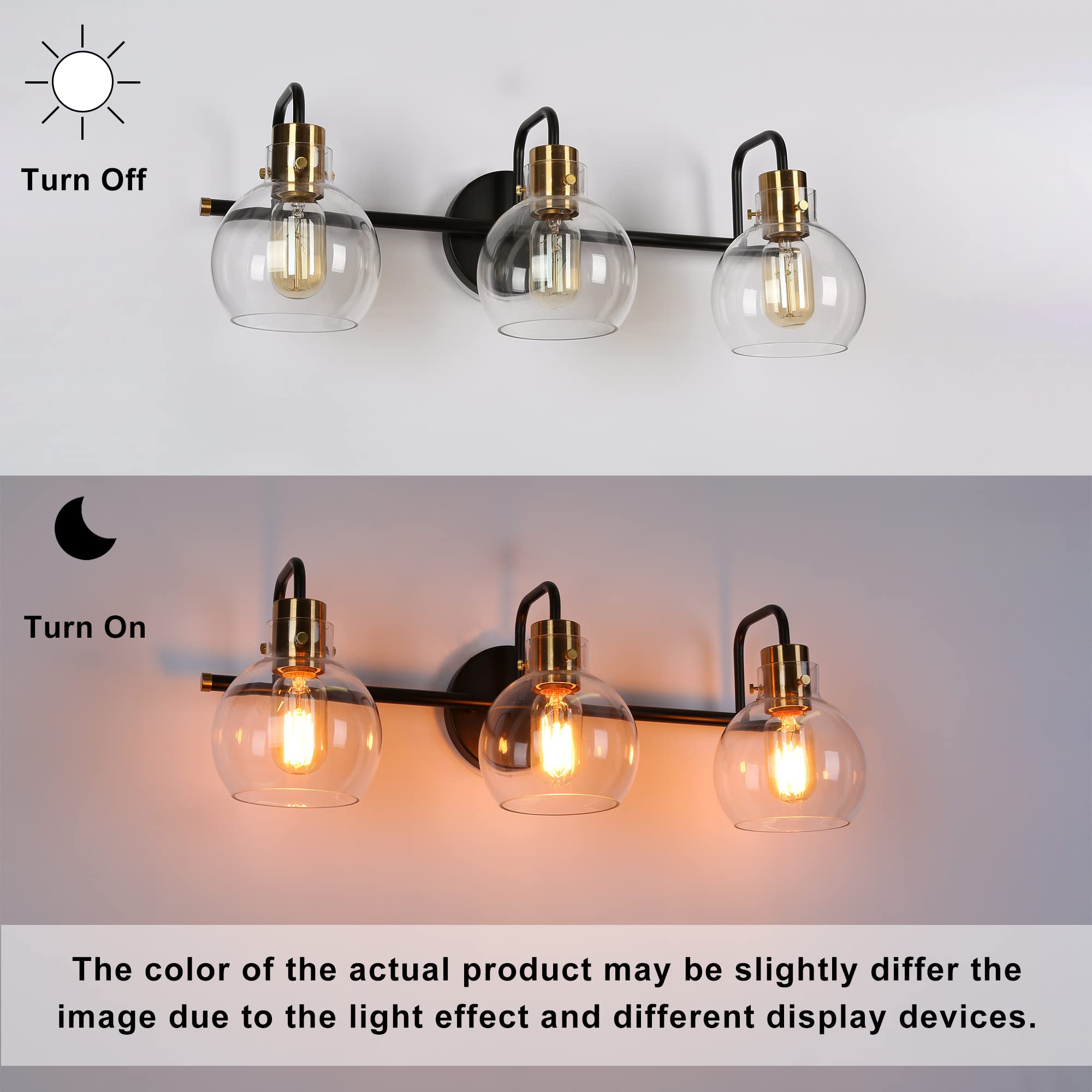 ZEVNI Modern 3-Light Bathroom Vanity Light Fixture - Black Gold Finish with Clear Glass Shades, 23