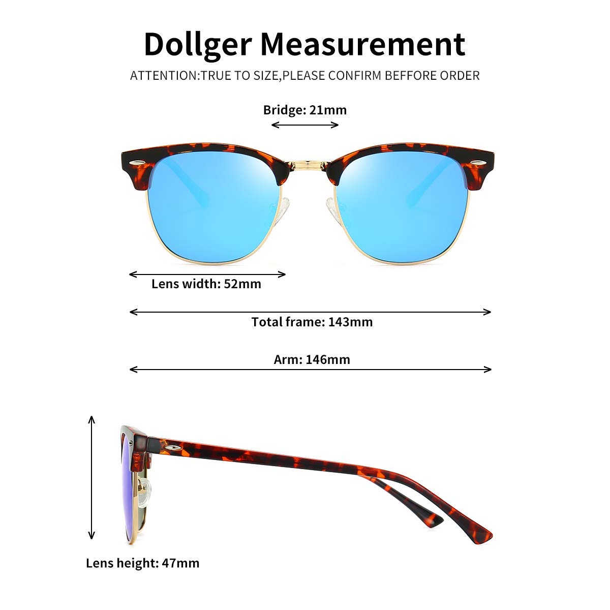 Dollger Polarized Browline Sunglasses for Men & Women - Classic Semi-Rimless Retro Frame with UV 400 Protection - Perfect for Driving, Beach & Outdoor Activities