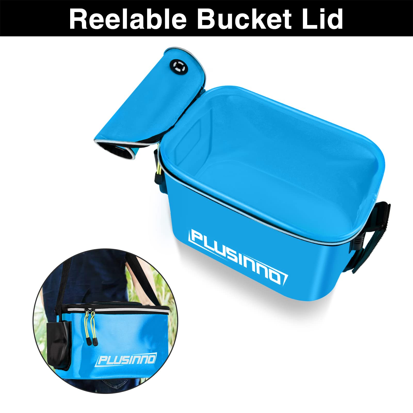 PLUSINNO Foldable Fishing Bait Bucket - Portable Minnow Bucket & Live Bait Container for Freshwater & Saltwater Fishing - Durable EVA Fishing Gear for Camping, Kayak & Boat Fishing (Kids & Adults)