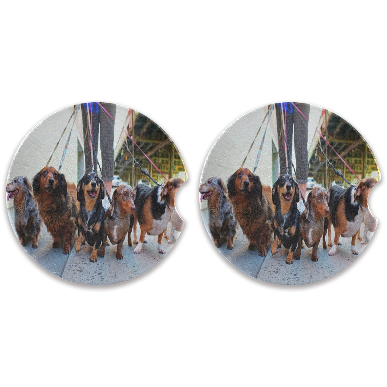 2 Pack Absorbent Dachshund Ceramic Car Coasters with Fingertip Grip - 2.5 Inch Car Cup Holder Coasters for Drinks, Perfect for Road Trips and Daily Commutes