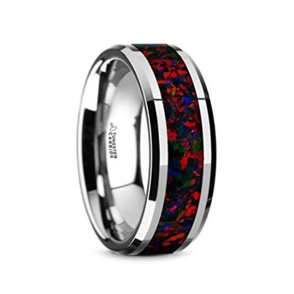 Tungsten Carbide Black Opal Inlay Men's Wedding Band - 8mm Wide Beveled Edge Ring with Custom Engraving - Perfect for Anniversary, Engagement & Formal Occasions