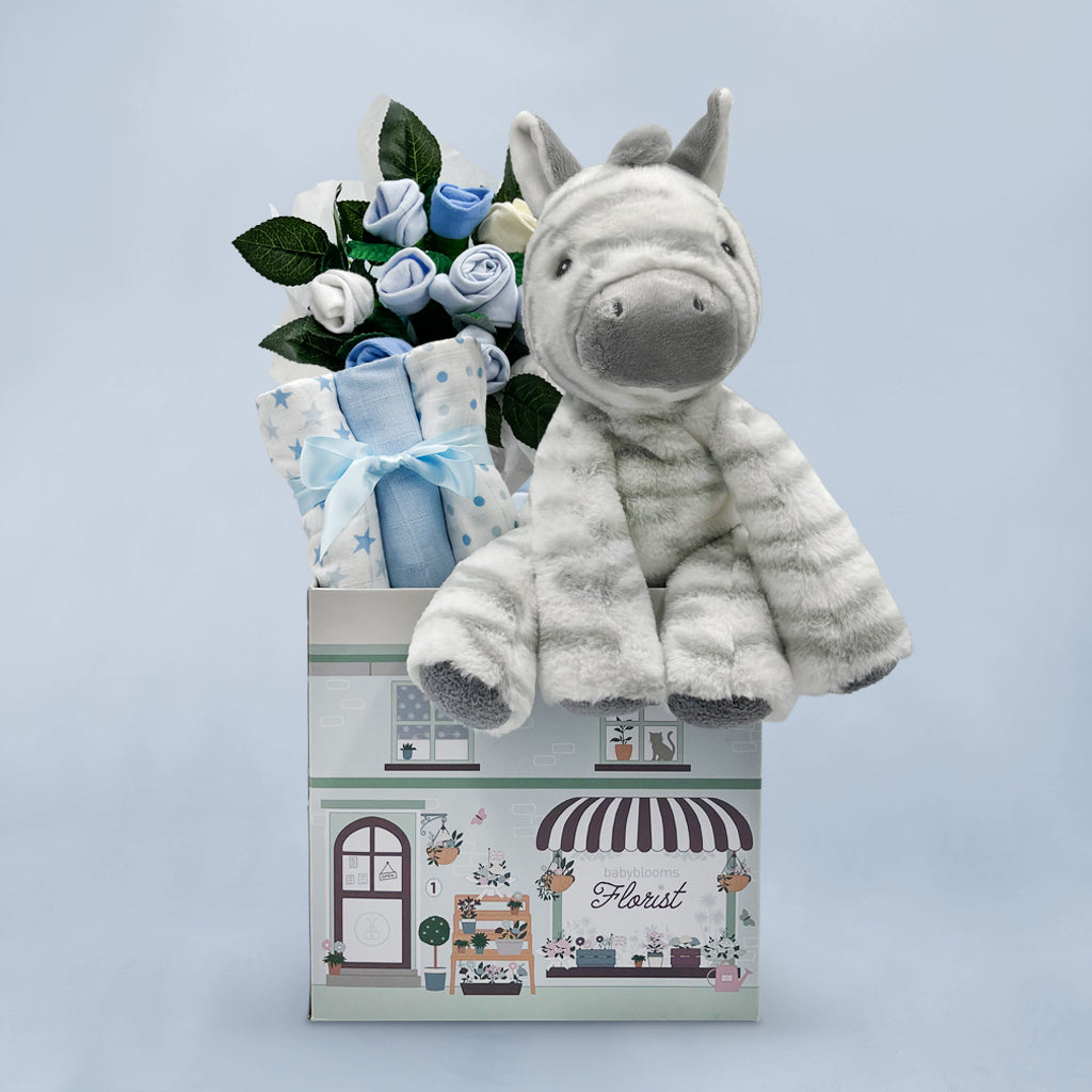 Zachary Zebra Welcome Hamper in Blue - Perfect Baby Shower Gift & Nursery Decor for Newborns