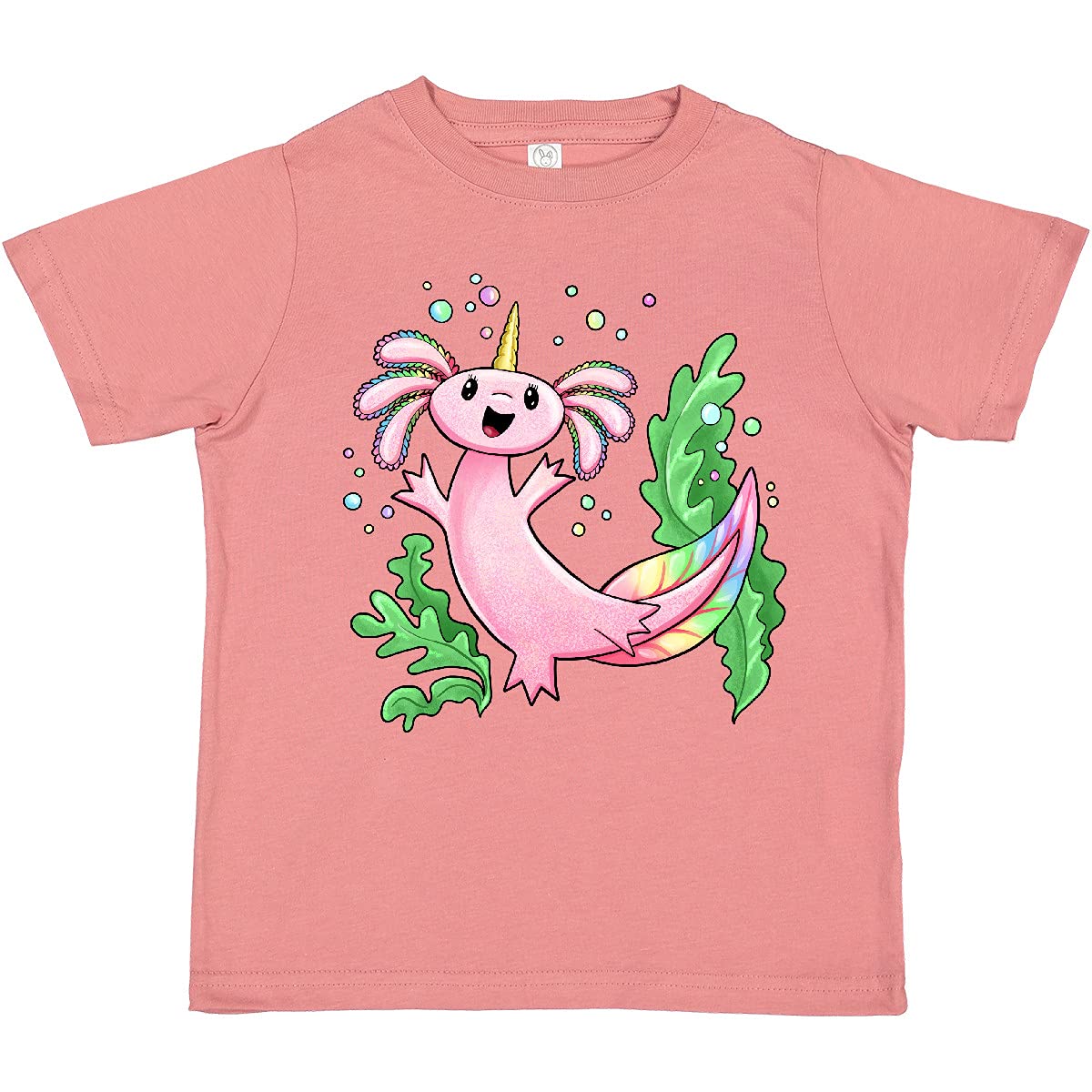 Inktastic Cute Axolotl Unicorn with Rainbow Tail & Bubbles Toddler T-Shirt - Soft Cotton Tee for Kids Birthday, Playdate & Casual Wear