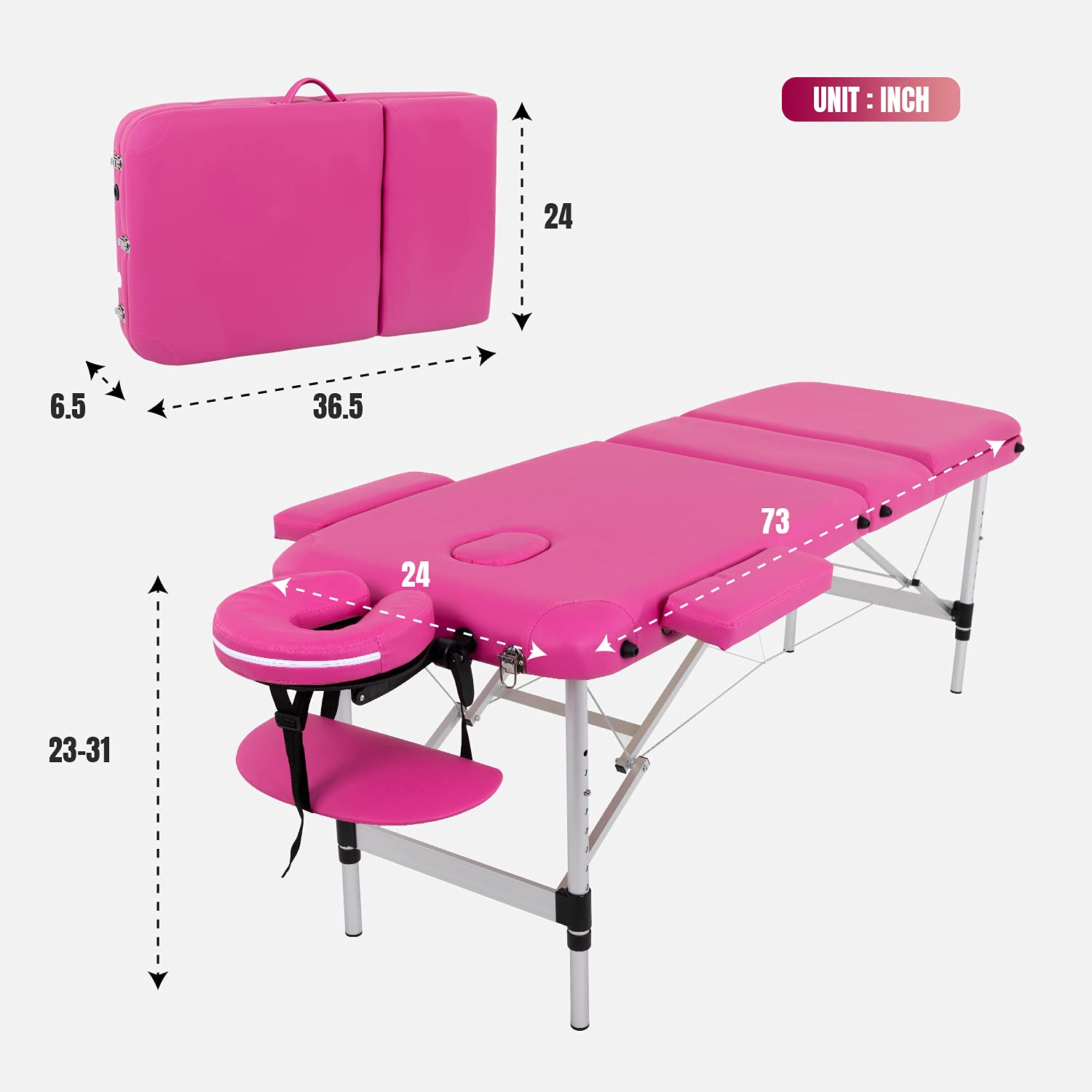 FDW Portable 24 Inch Wide Adjustable Height 3-Folding Aluminum Massage Table with Carry Case & Face Cradle - Perfect for Spa, Salon, Tattoo, and Home Use
