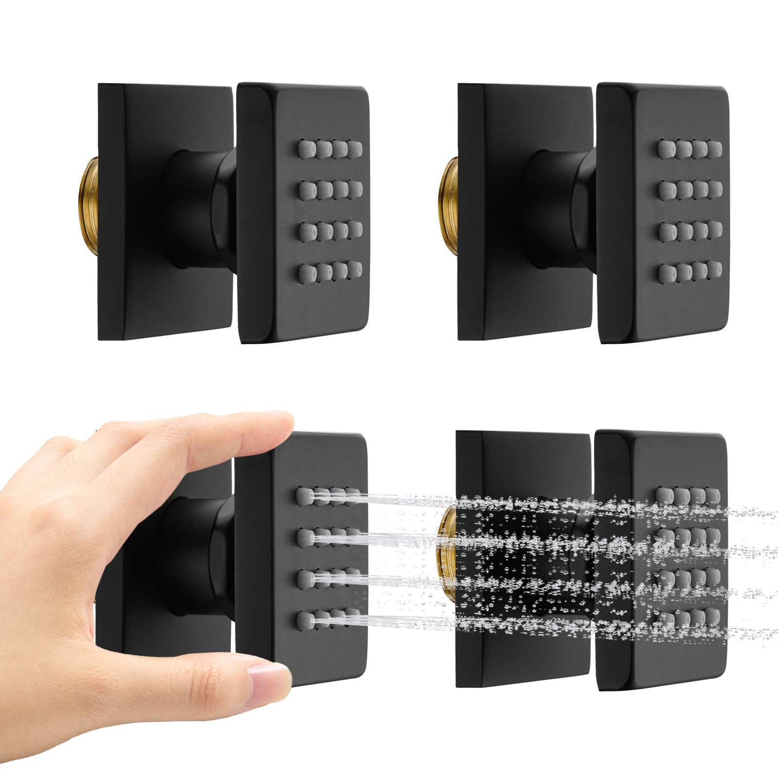 4PCS Square Shower Body Jet Spray with On/Off Flow Control - Matte Black Brass Head Wall Mounted Spa Massage Jets for Relaxing Bathroom Experience | Perfect for Home Spa, Luxury Bathrooms & Hydrotherapy