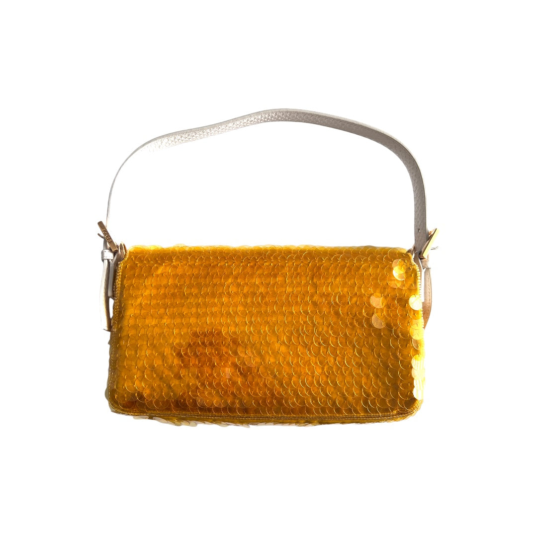 Fendi Gold Satin Sequin Baguette Bag - Luxury Evening Clutch for Women | Perfect for Parties, Weddings & Special Occasions