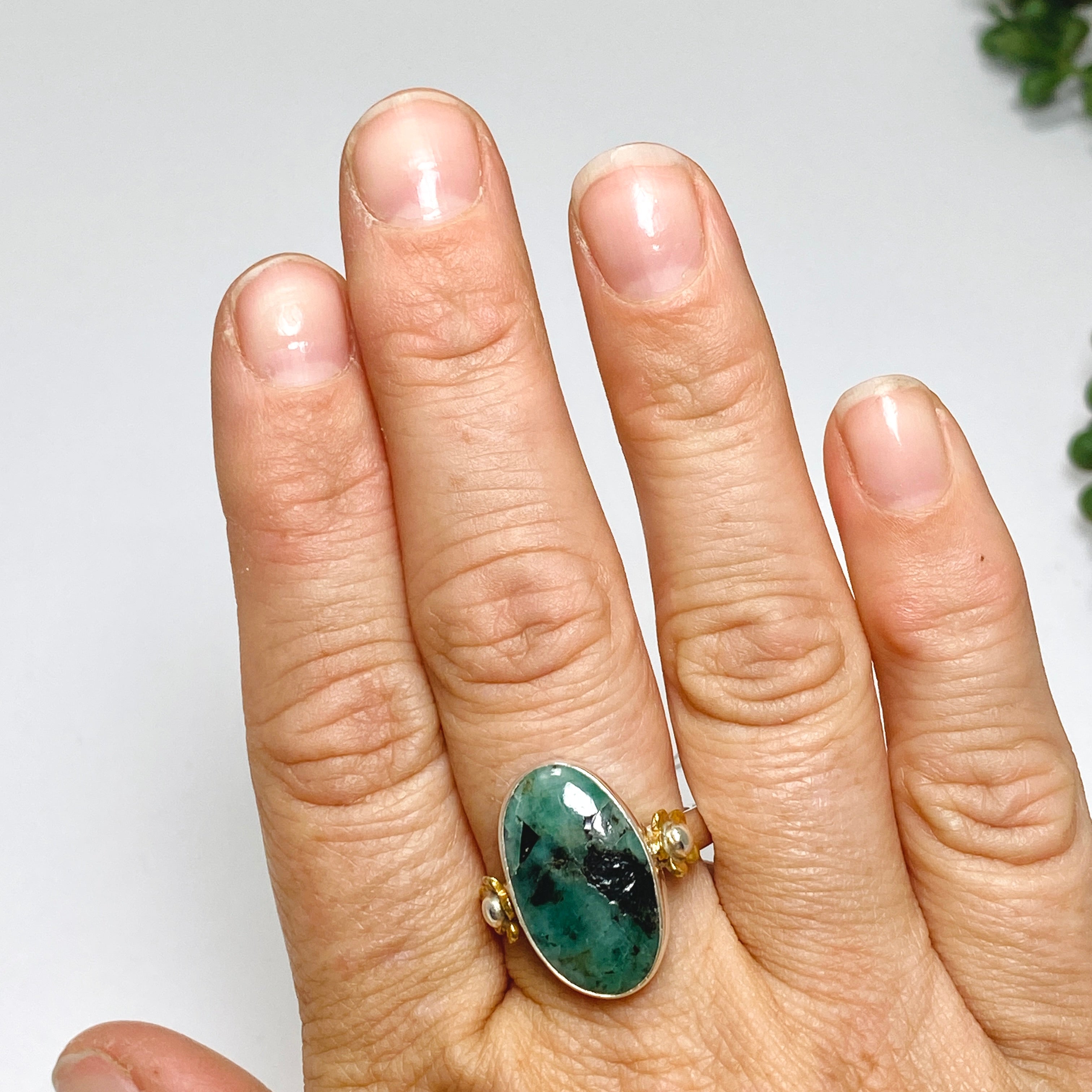 Emerald Oval Cabochon Ring with Brass Detailing - Size 11 - Handmade Boho Jewelry for Women - Perfect for Weddings, Parties & Everyday Wear - KPGJ3296