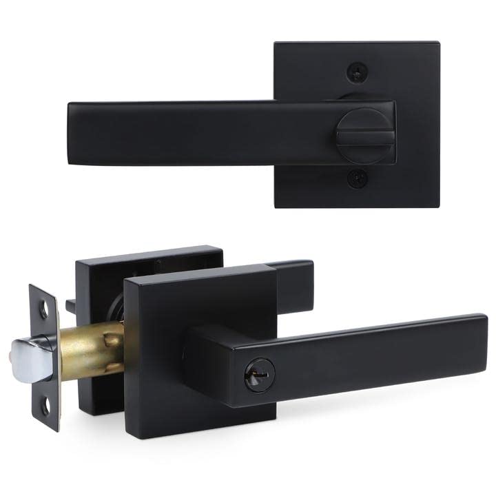 5 Pack Matte Black Door Handles with Lock and Key - Keyed Alike Entry Door Leverset for Front, Bedroom & Interior Doors - Durable Door Knob Lockset with Combo Keys for Home Security & Privacy