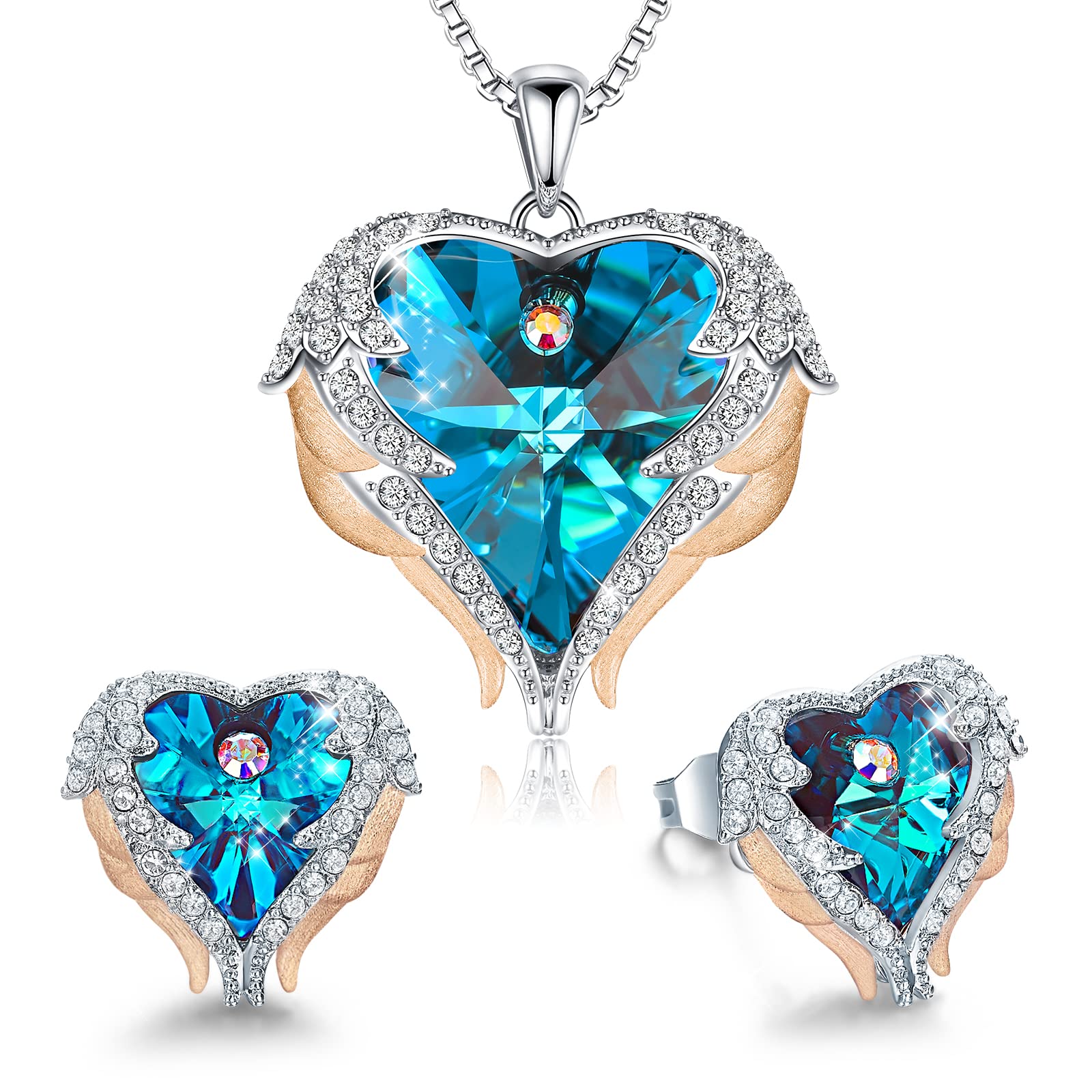 Angel Wing Love Heart Necklace & Earrings Set - Silver & Gold Tone Jewelry for Women - Perfect Birthday, Anniversary & Valentine's Day Gift for Mom, Wife, Sister & Best Friend - Elegant Everyday Wear & Special Occasion Jewelry