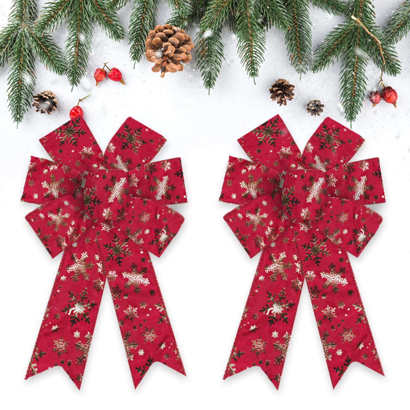 2 Pack Red Velvet Christmas Bows for Wreaths - Elegant Snowflake Design Holiday Decor for Front Door, Tree & Winter Crafts - Perfect for Xmas, New Year & Winter Home Decoration