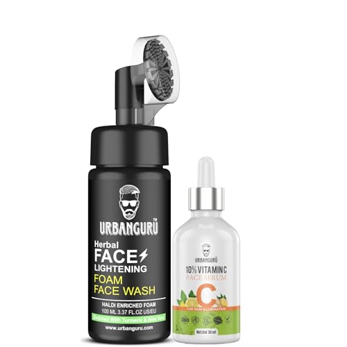 Urbanguru Men's 10% Vitamin C + E & 4% Niacinamide Brightening Serum for Glowing Skin - Fights Pigmentation & Dark Spots | 30ml + Turmeric Foam Face Wash 100ml | Daily Skincare Routine for Men, Anti-Aging & Dark Circle Treatment
