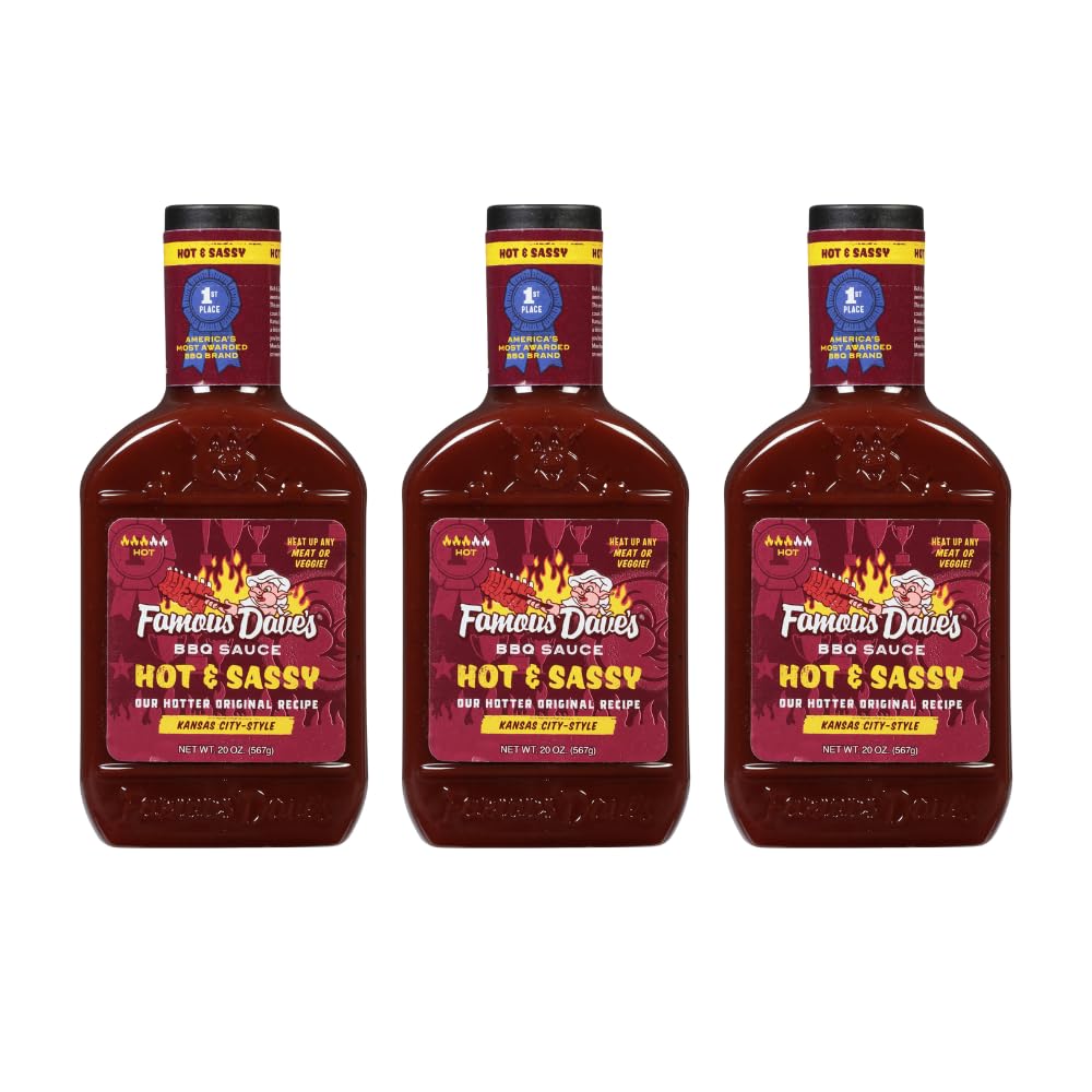 Famous Dave's Hot & Sassy BBQ Sauce 3-Pack (60 oz) - Bold & Spicy Barbecue Sauce for Grilling, Ribs, Chicken & Wings - Perfect for BBQs, Tailgating & Family Gatherings