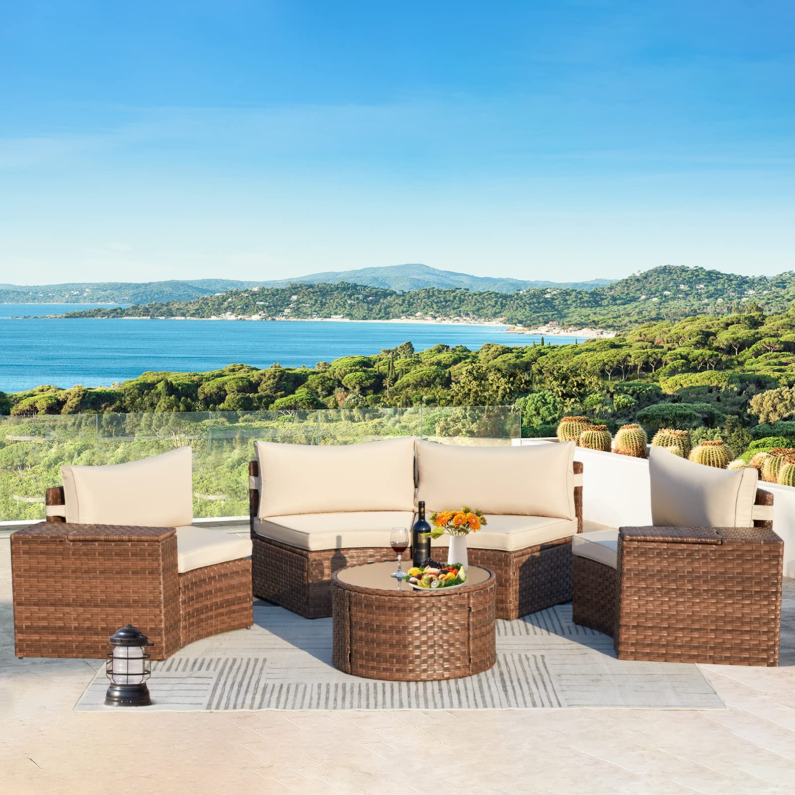 **AVAWING 7-Piece Outdoor Sectional Patio Furniture Set - Half Moon All-Weather Brown Wicker with Tempered Glass Table, Storage Side Tables & Waterproof Beige Cushions - Perfect for Backyard, Poolside & Garden Relaxation**