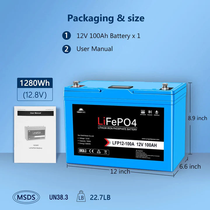 12V 100AH LiFePO4 Deep Cycle Lithium Battery with Bluetooth, Self-Heating & IP65 Waterproof - Perfect for RVs, Solar Systems, Marine Applications & Off-Grid Power