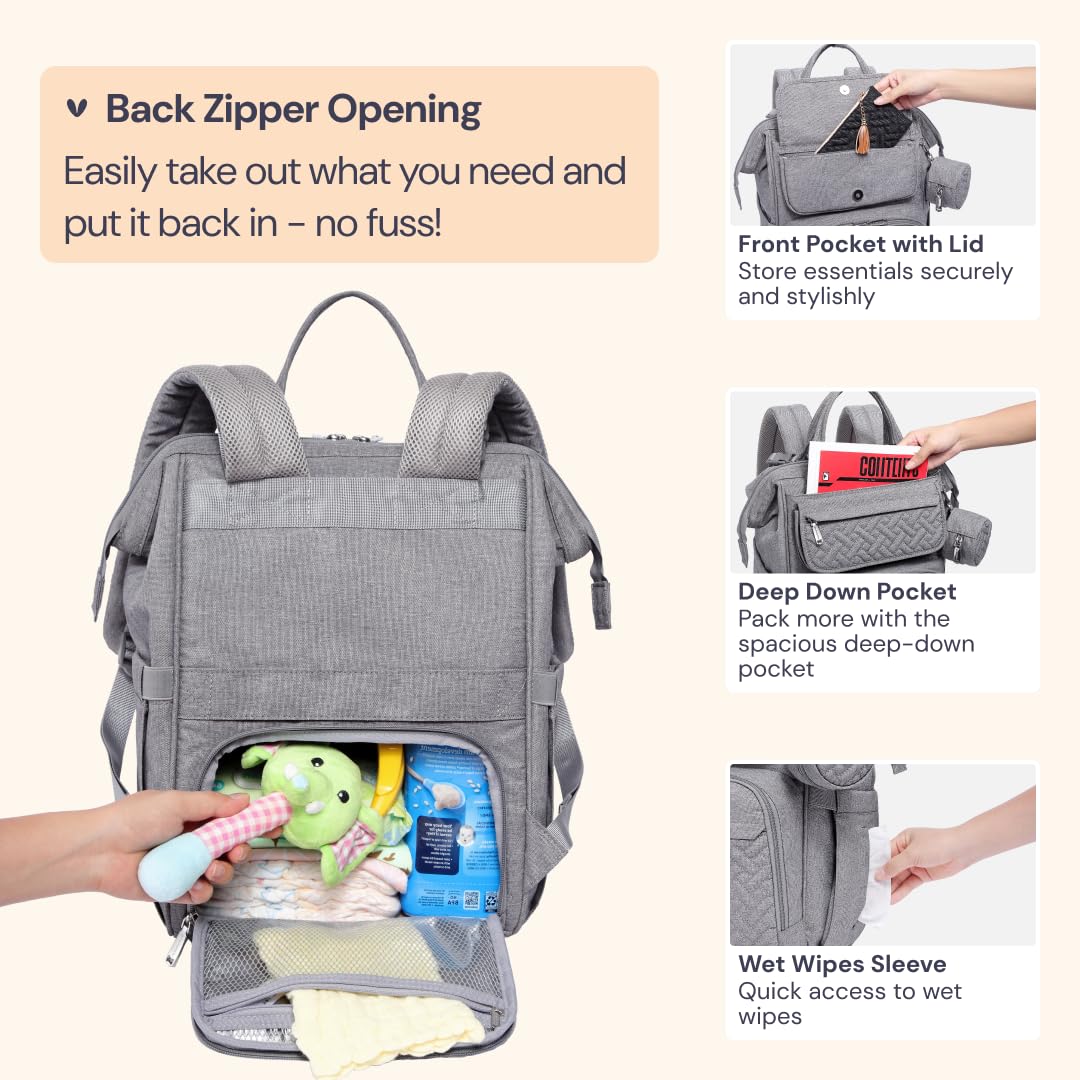 BabbleRoo Multifunctional Diaper Bag Backpack - Large Baby Changing Bag with Insulated Pockets, Stroller Straps & Pacifier Case - Perfect for Travel, Daycare & On-the-Go Parents