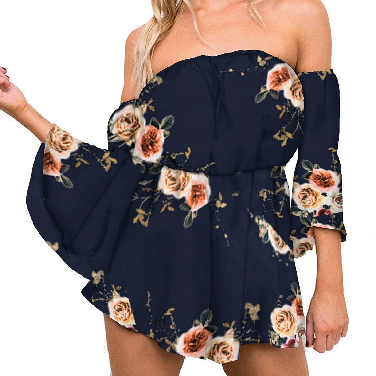 Floral Off-Shoulder Jumpsuit for Women - Flared Sleeve Summer Romper with Elastic Waist | Beach Vacation, Pool Party & Casual Outfit