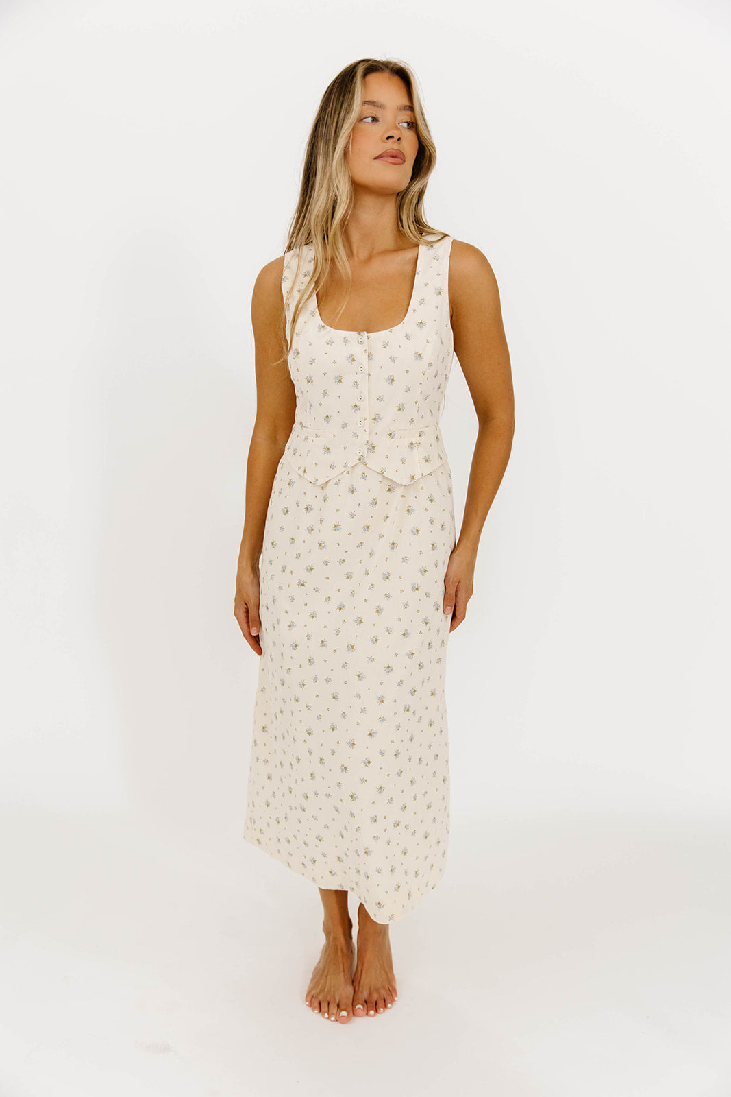 Blue Floral Florence Vest Detail Midi Dress - Elegant Women's Summer Dress for Weddings, Parties & Casual Outings