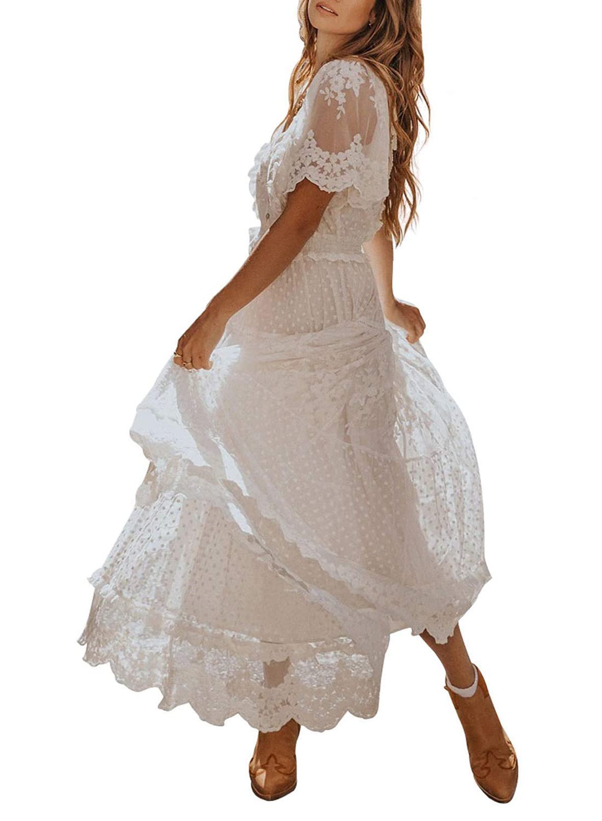 BLENCOT Women's Casual Summer Floral Lace Long Maxi Dress - Elegant Bohemian Short Sleeve Flowy Dress for Beach, Vacation, and Outdoor Parties