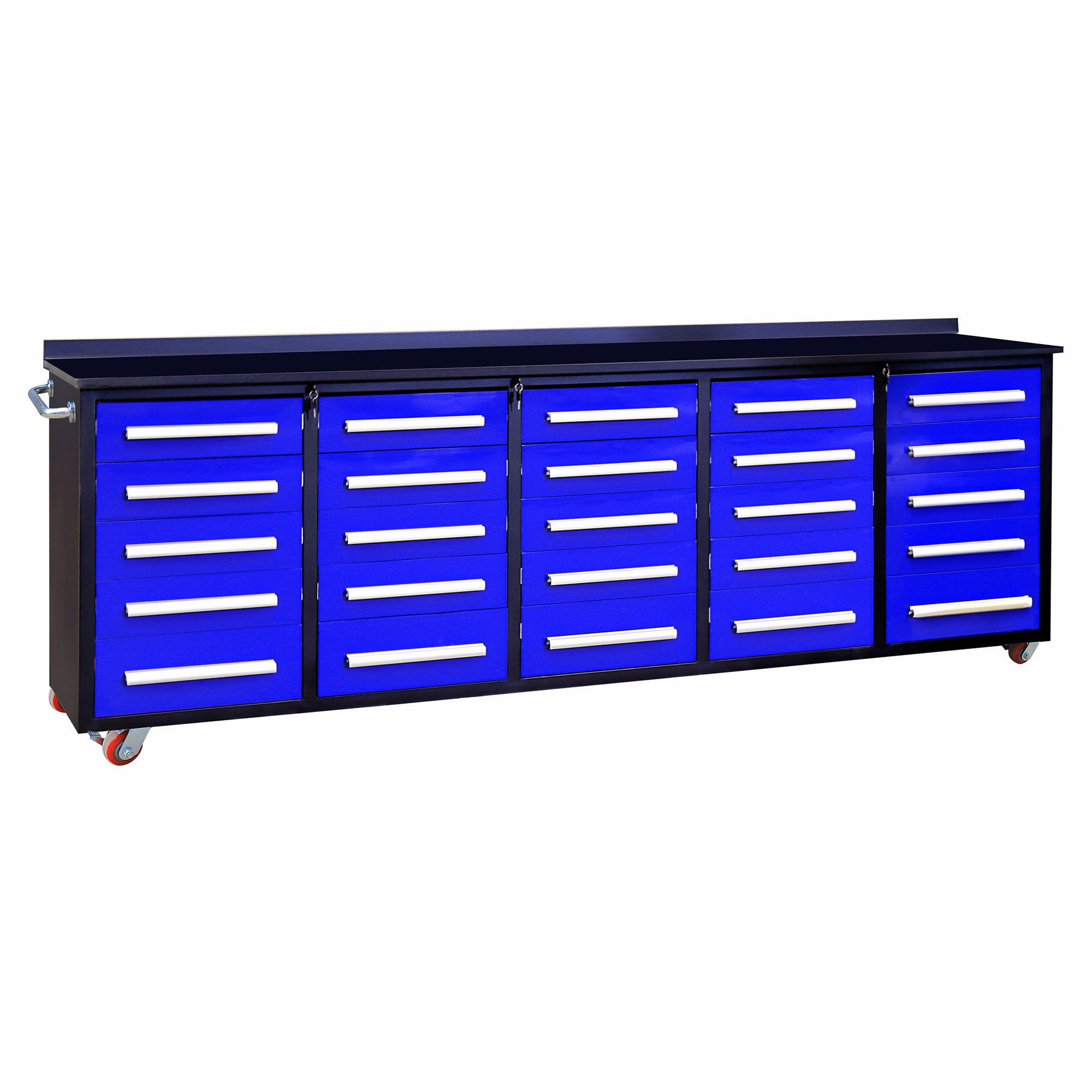 10ft Heavy Duty Workbench with 25 Storage Drawers - Blue Industrial Work Table for Garage, Workshop & DIY Projects