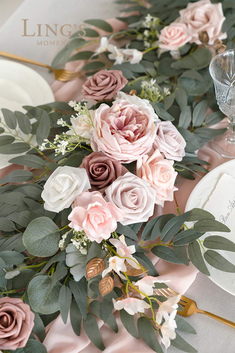 Ling's Moment 6FT Artificial Eucalyptus & Rose Floral Garland - Pink Sweetheart Wedding Table Decor, Mantle Swag for Reception, Thanksgiving, Christmas - Dusty Rose Home & Party Decoration | Perfect for Weddings, Baby Showers, and Seasonal Celebrations