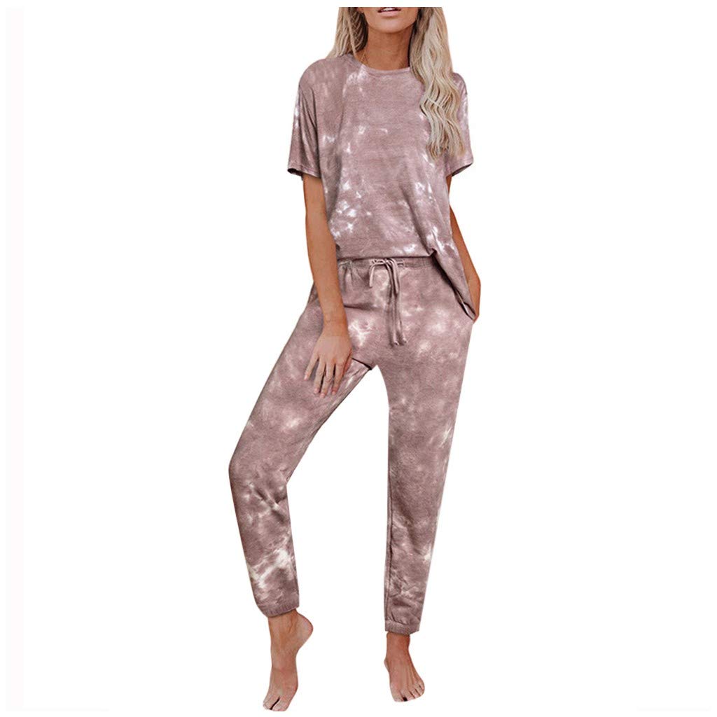 iQKA Women's Tie Dye Loungewear Set - Short Sleeve Top & Long Pants Jogger Pajama Outfit (2-Piece) | Soft Cotton Lounge Wear for Home, Sleep & Relaxation | Trendy Tie Dye Sweatsuit for Women