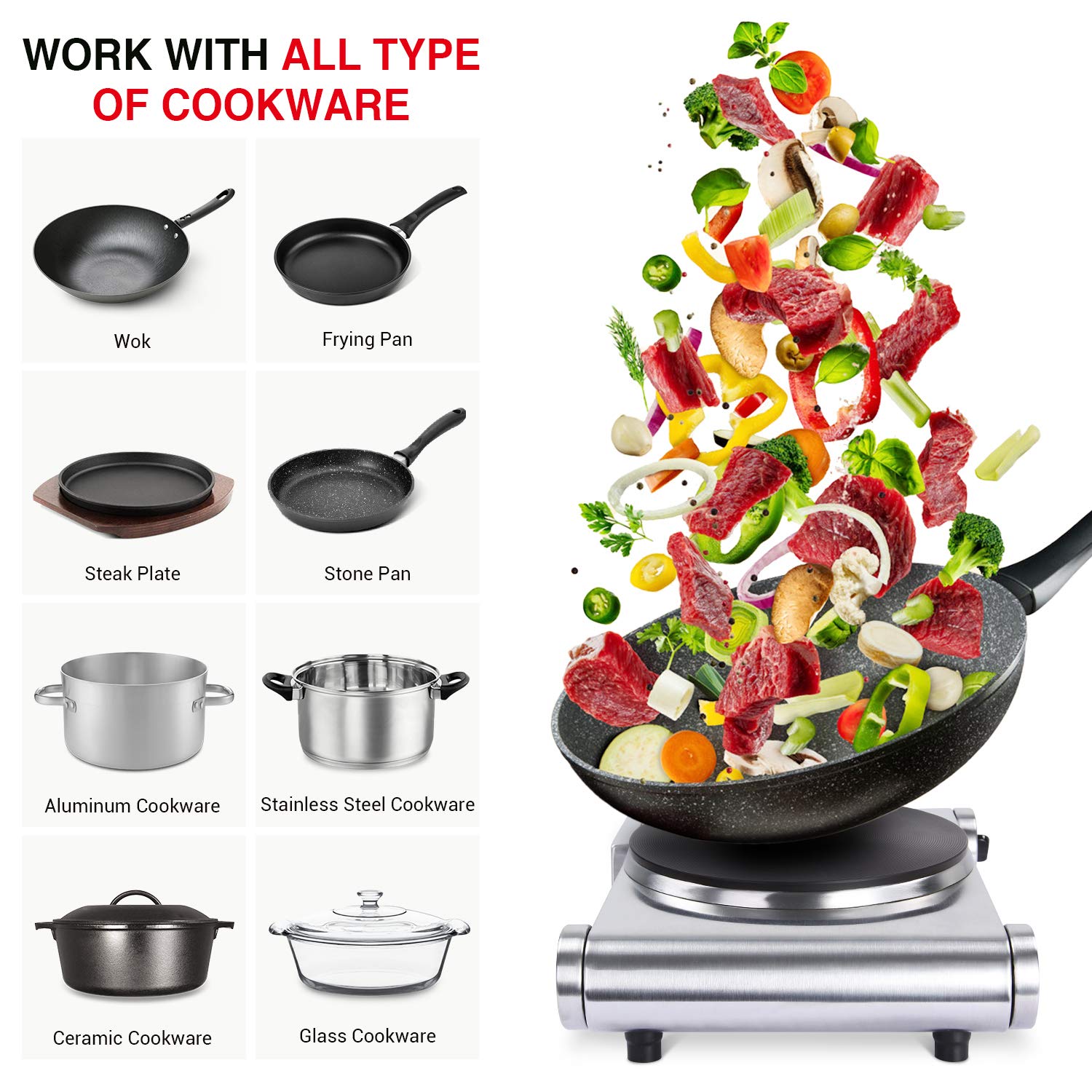 Portable Electric Single Burner Hot Plate - 1500W, 5 Power Levels, Cast Iron & Stainless Steel - Perfect for Dorms, Apartments, Office Cooking & Outdoor Use