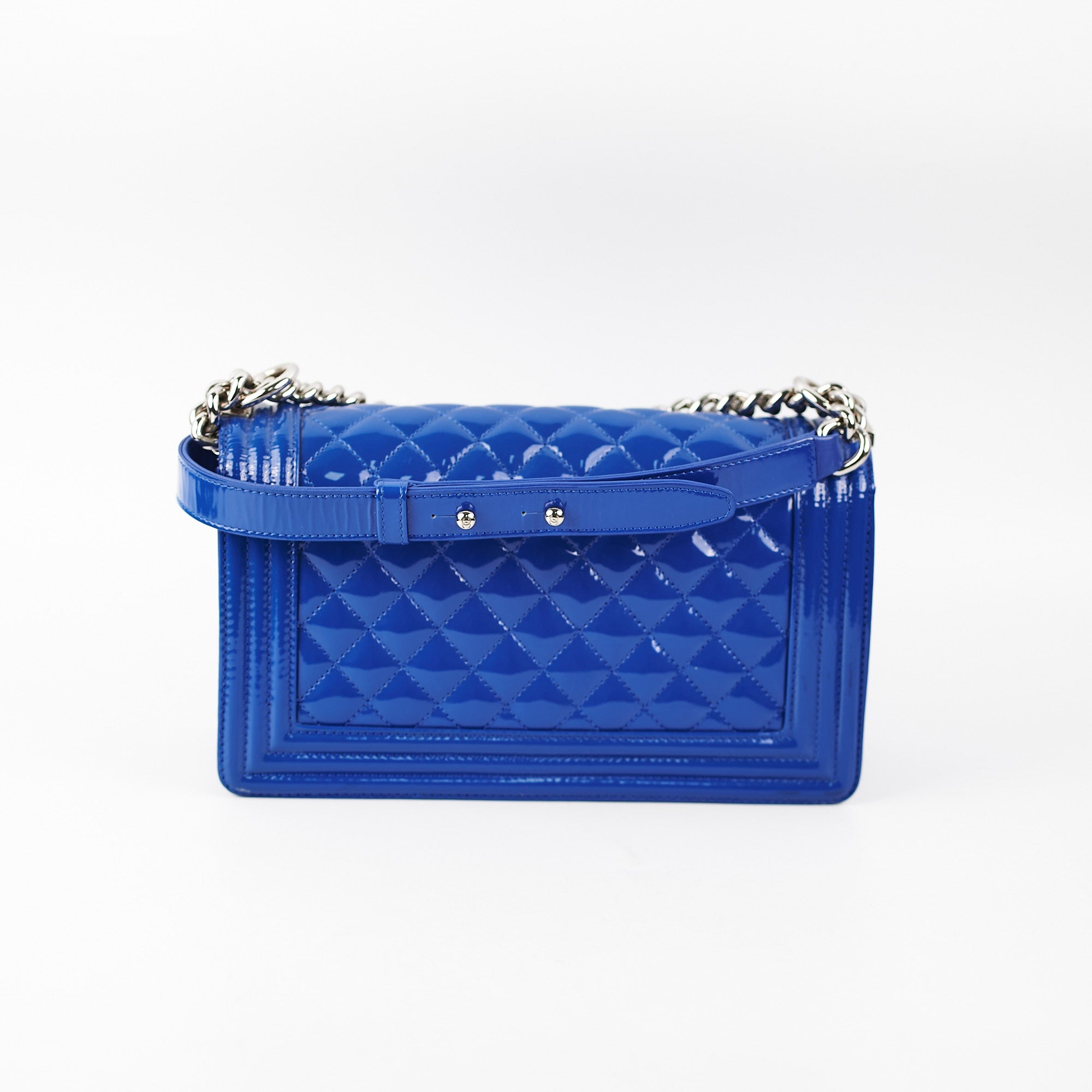 Chanel Old Medium Patent Blue Boy Bag - Luxury Designer Handbag for Women | Perfect for Parties, Dates & Special Occasions