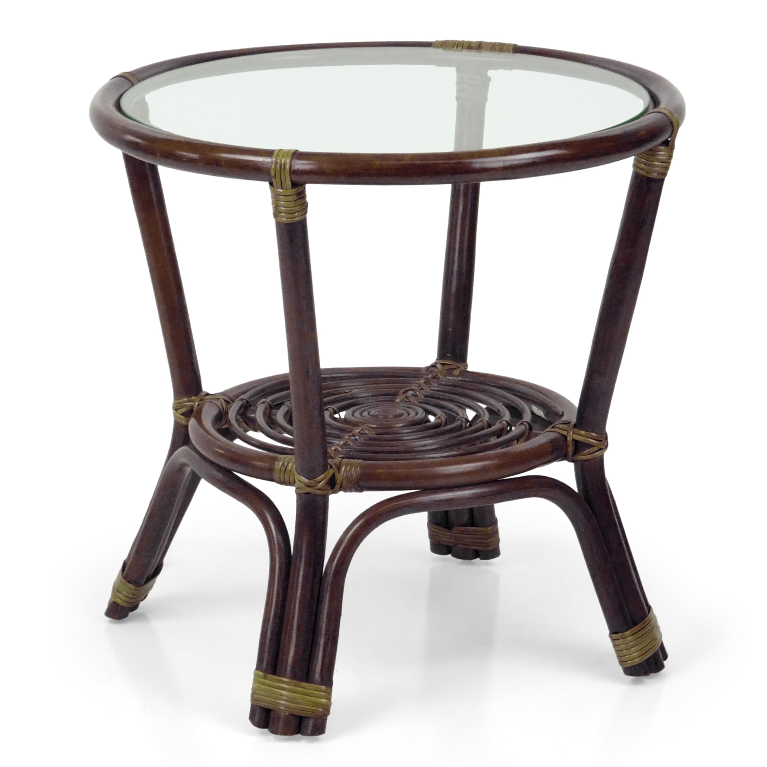 Dark Brown Leo Rattan Wicker Round Accent Coffee Table with Tempered Glass Top - Perfect for Living Room, Patio, or Balcony Decor