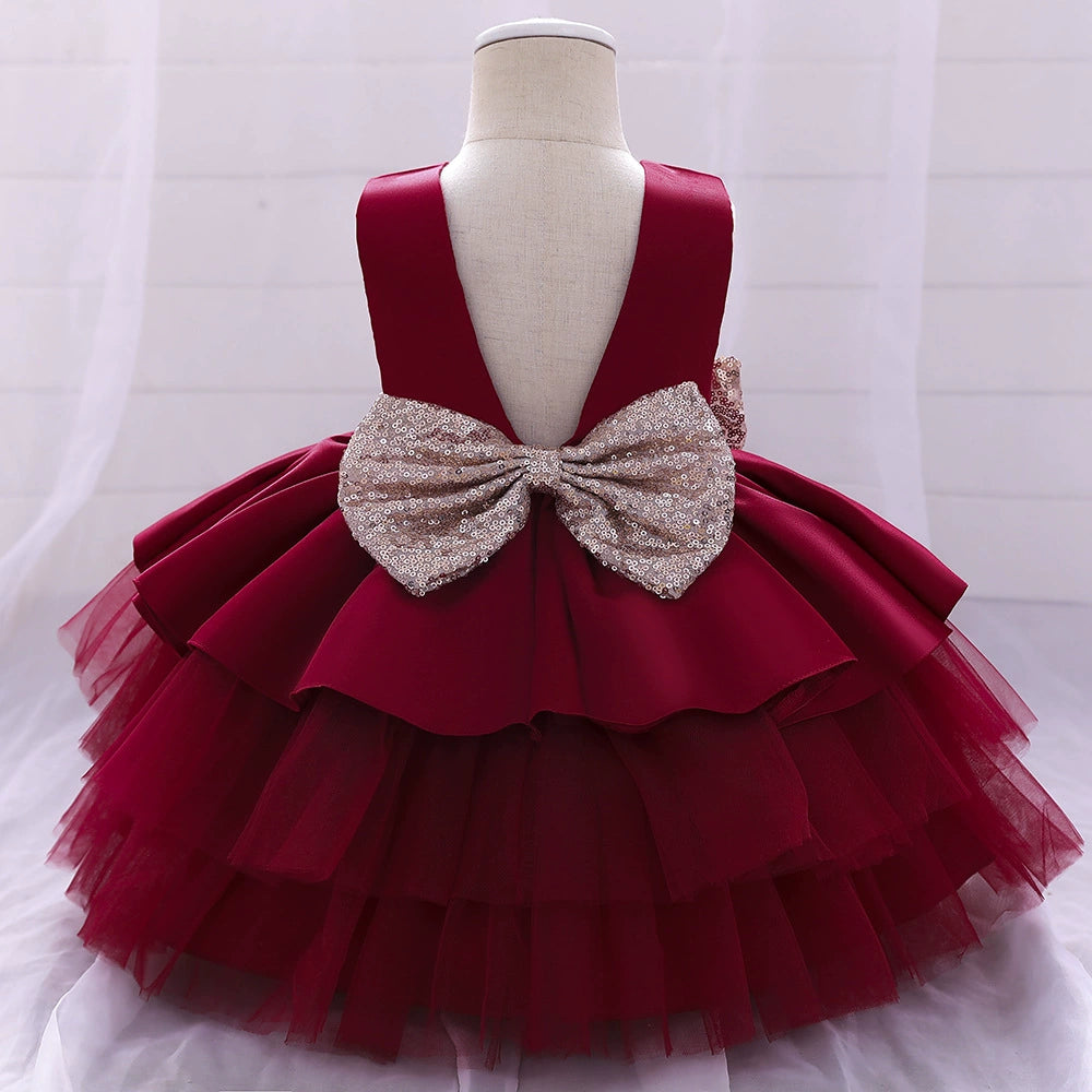 Burgundy Princess Round Neck Tea Length Satin Flower Girl Dress for Weddings, Parties & Special Occasions