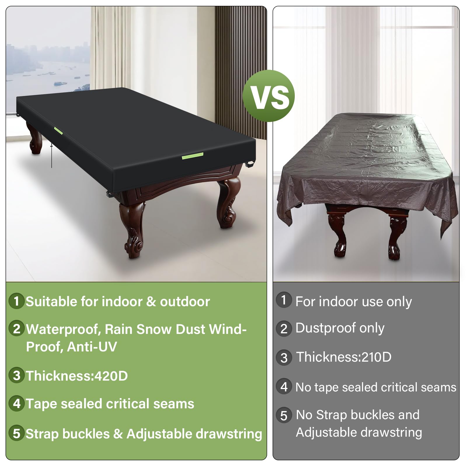 **GEMITTO Waterproof Pool Table Cover with Handles & Buckles - Fits 7/8/9 FT Indoor/Outdoor Billiard & Snooker Tables - Durable Drawstring Design for Easy Use**    *(Perfect for Home Game Rooms, Bars, Clubs, and Outdoor Patios - Protects Your Pool Table from Dust, Spills, and Weather)*