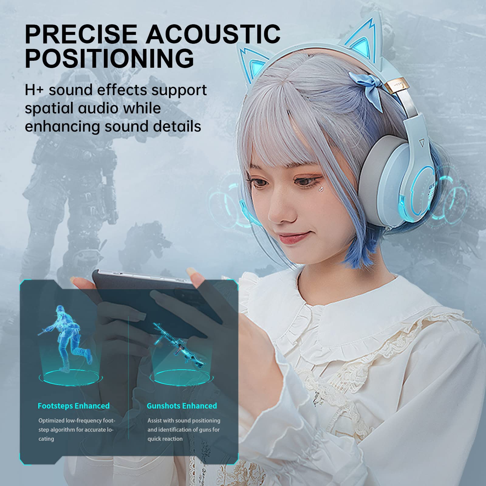 Edifier G5BT CAT Wireless Bluetooth Gaming Headset with Microphone - Over-Ear Detachable RGB Light Headphones for PC, PS5, PS4, Nintendo Switch (Sky Blue) - Perfect for Competitive Gaming & Late-Night Streaming Sessions