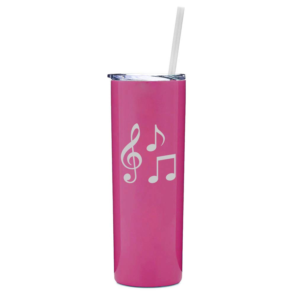 20 oz Skinny Tall Stainless Steel Vacuum Insulated Tumbler with Straw - Music Notes Design Hot Pink Travel Mug for Coffee, Tea & Cold Drinks - Perfect for Office, Gym, Commuting & Outdoor Activities
